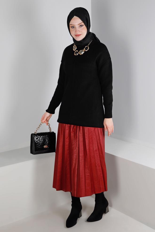Tesettür giyim KIRMIZI PİLELİ SUNİ DERİ ETEK 60348 - ALVİNA