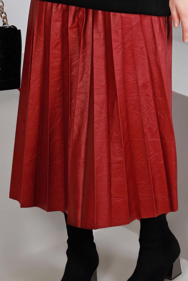 Tesettür giyim KIRMIZI PİLELİ SUNİ DERİ ETEK 60348 - ALVİNA