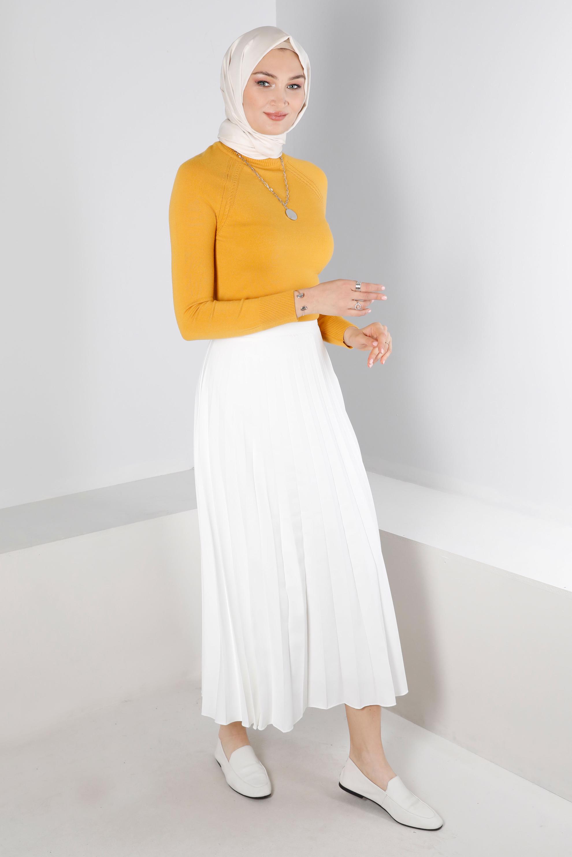 Tesettür giyim BEYAZ PİLİSELİ ETEK 60351