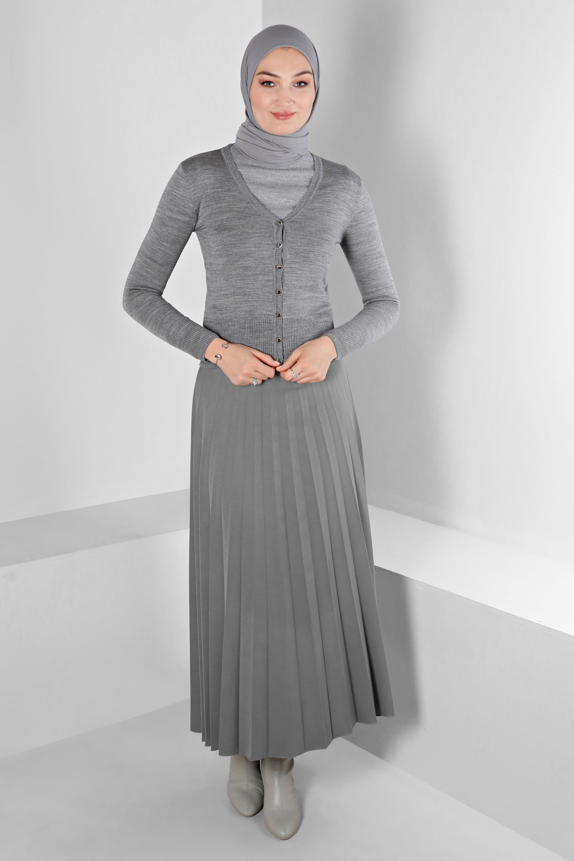 Tesettür giyim GRİ PİLİSELİ ETEK 60351