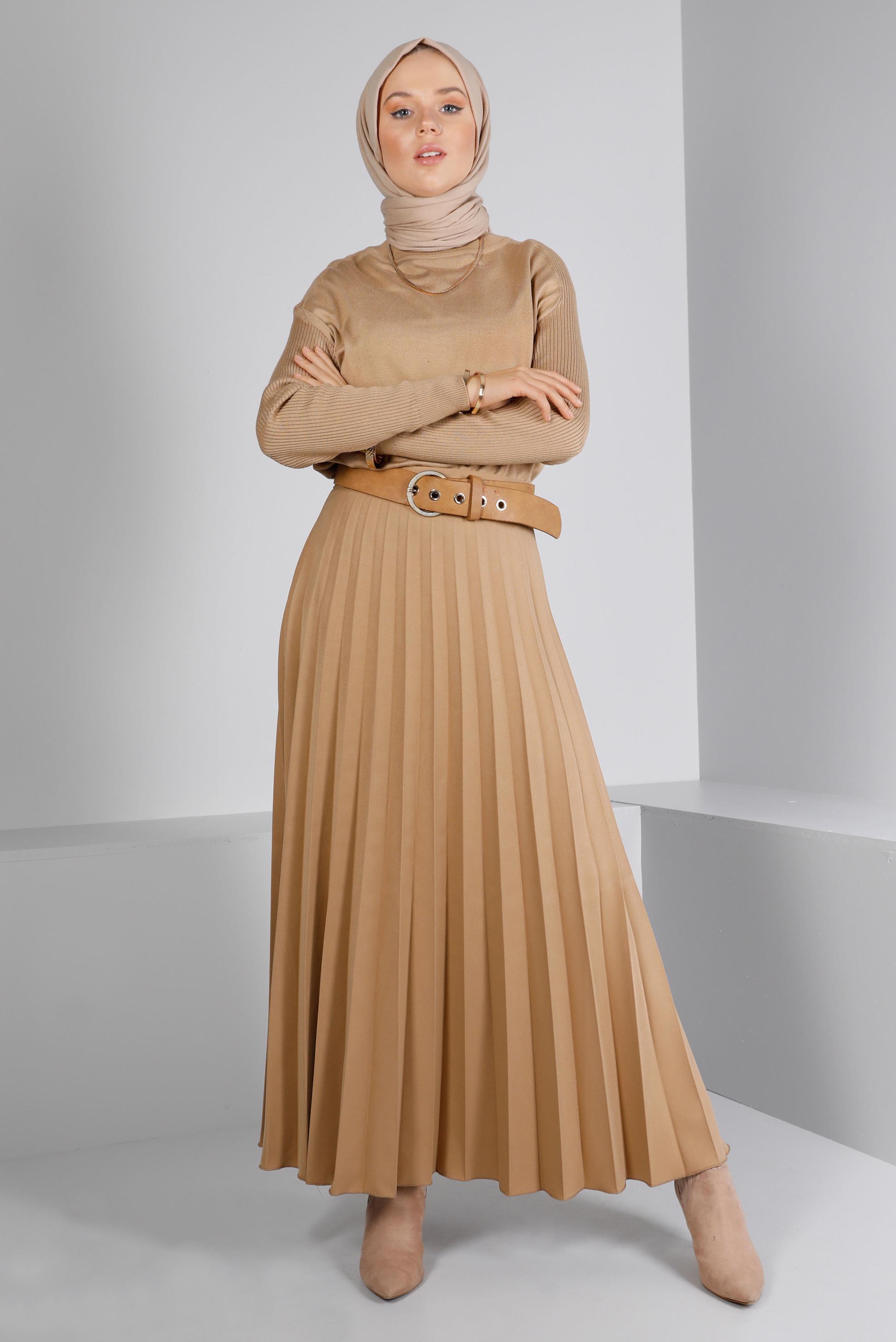 Tesettür giyim KUM PİLİSELİ ETEK 60351