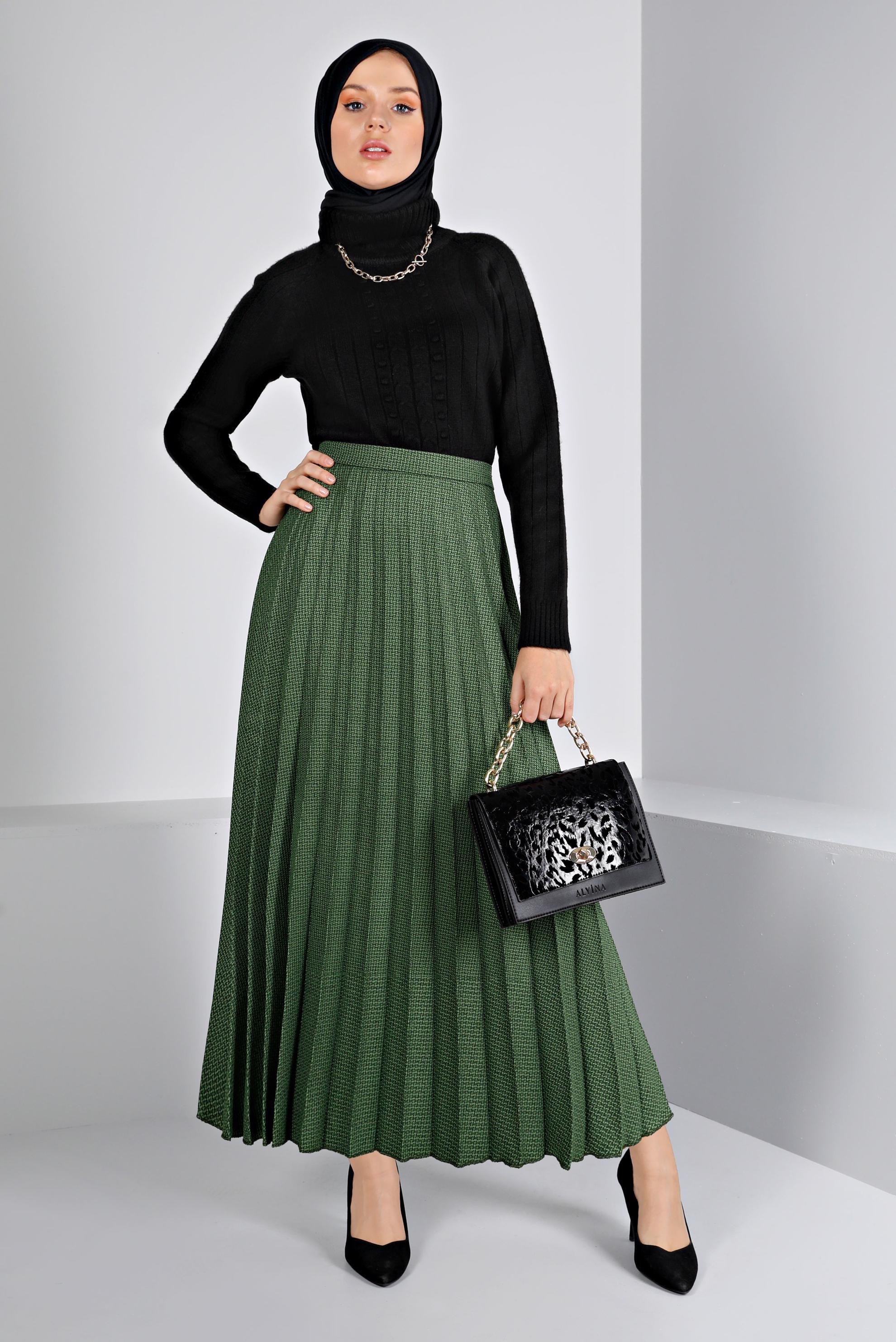 Tesettür giyim YEŞİL DESENLİ PİLİSELİ ETEK 60352
