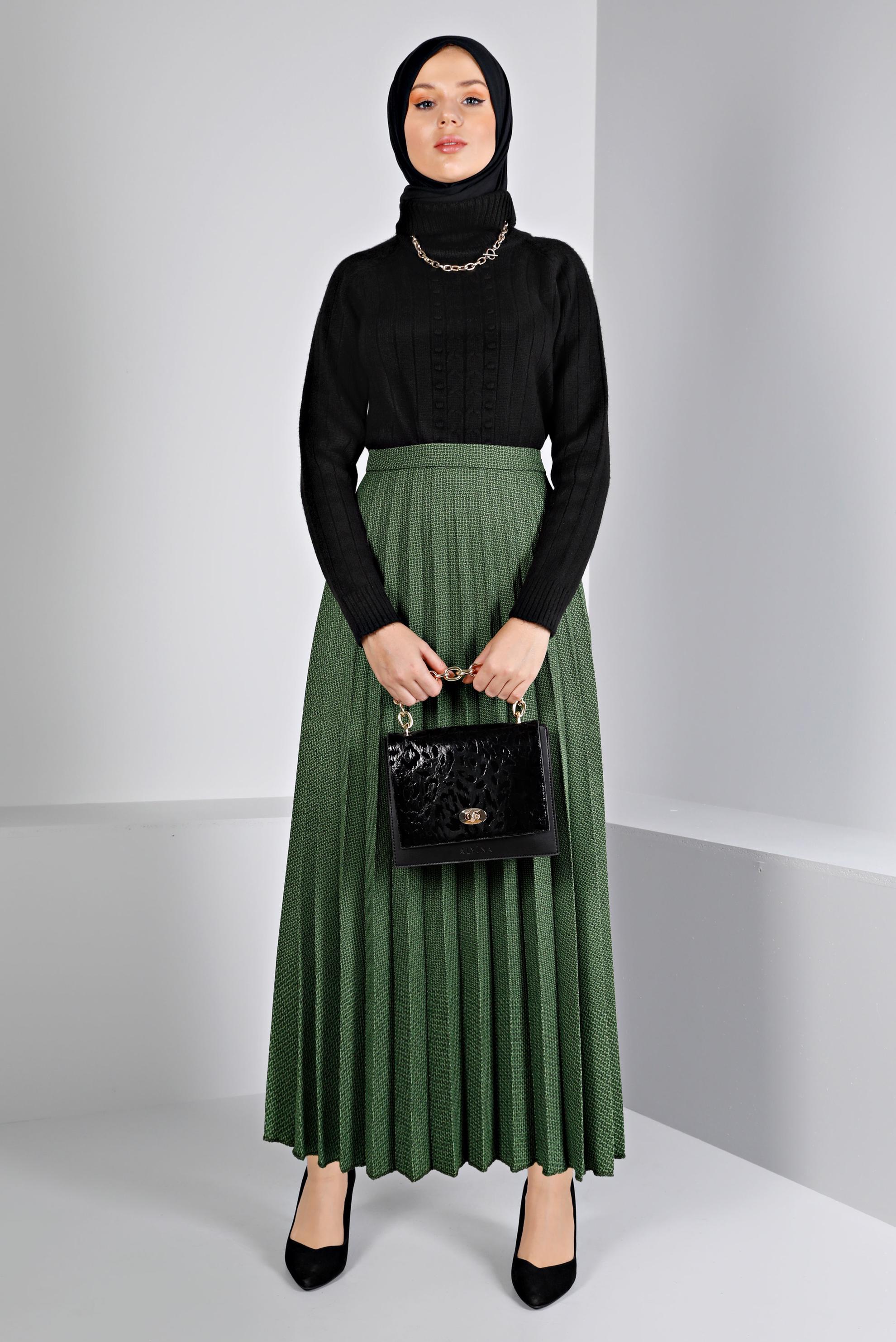 Tesettür giyim YEŞİL DESENLİ PİLİSELİ ETEK 60352