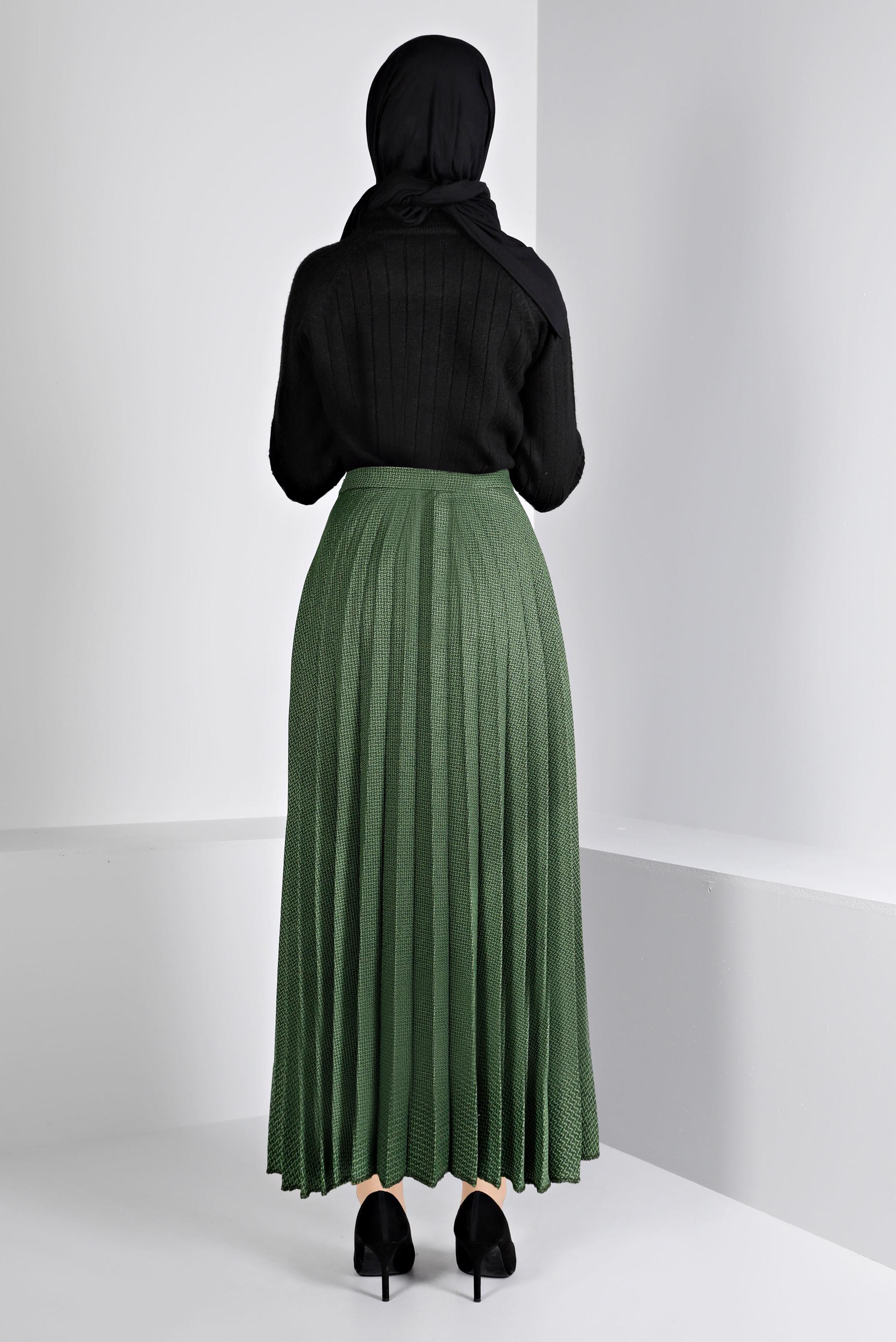 Tesettür giyim YEŞİL DESENLİ PİLİSELİ ETEK 60352