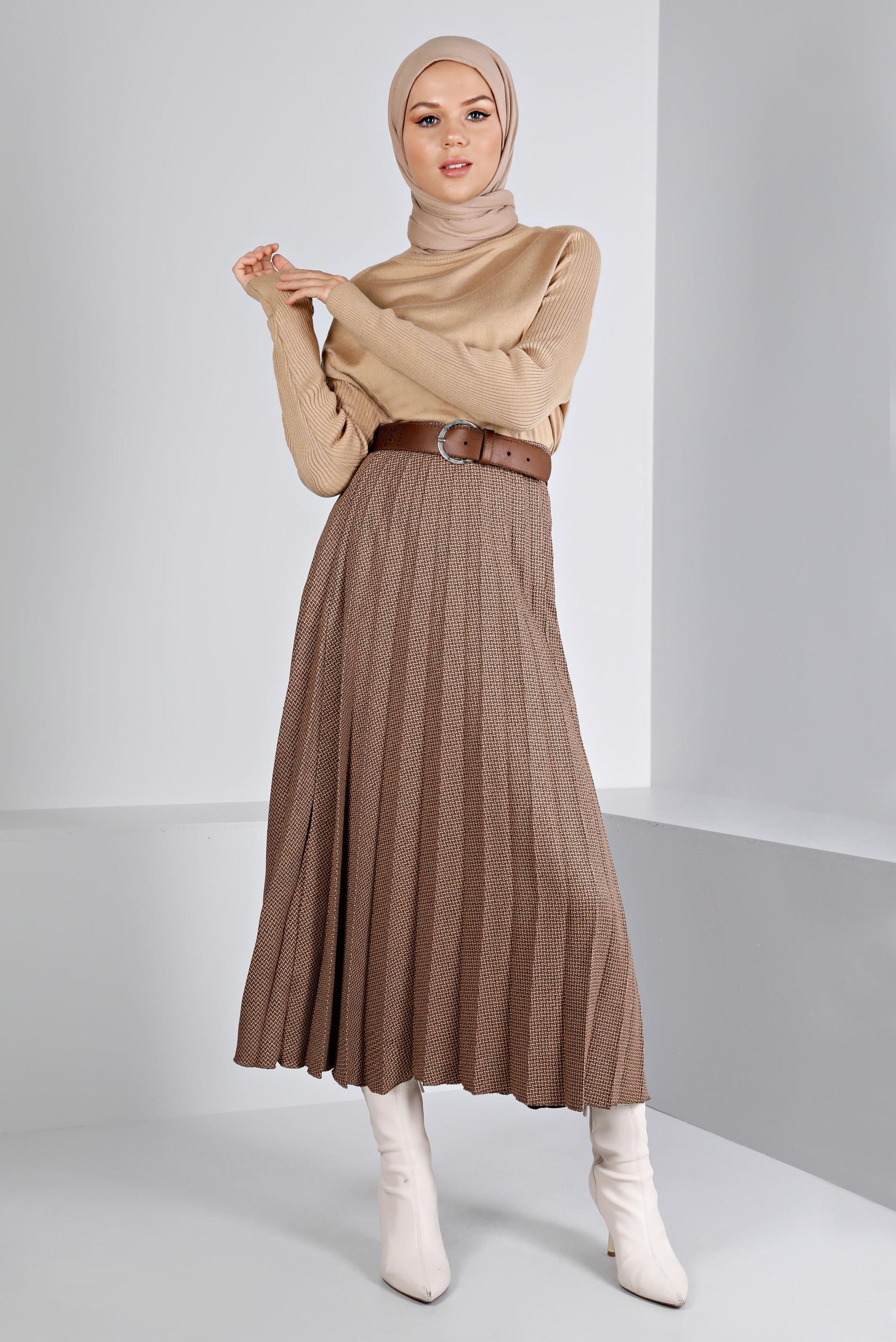 Tesettür giyim KAHVE DESENLİ PİLİSELİ ETEK 60352