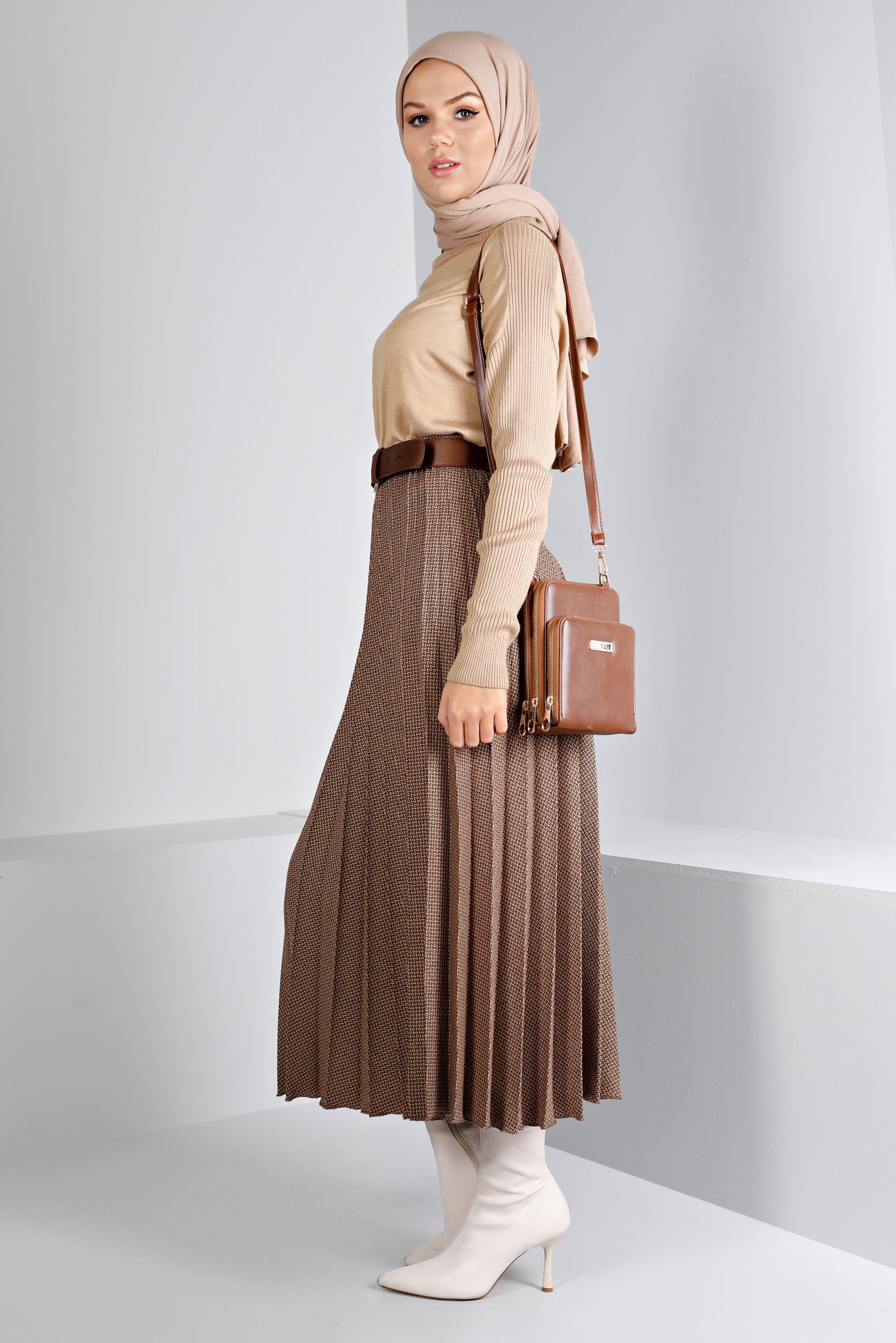 Tesettür giyim KAHVE DESENLİ PİLİSELİ ETEK 60352