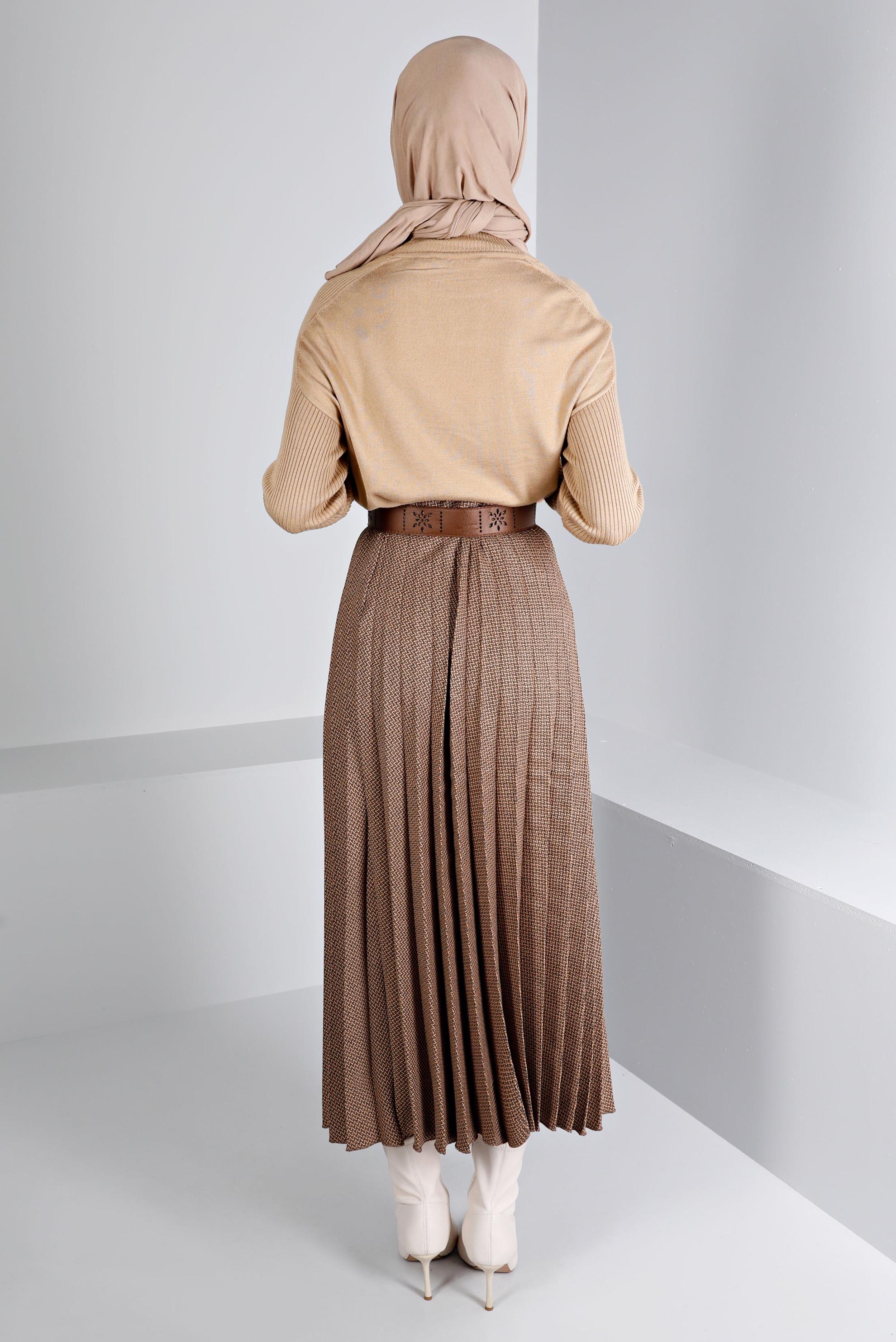 Tesettür giyim KAHVE DESENLİ PİLİSELİ ETEK 60352