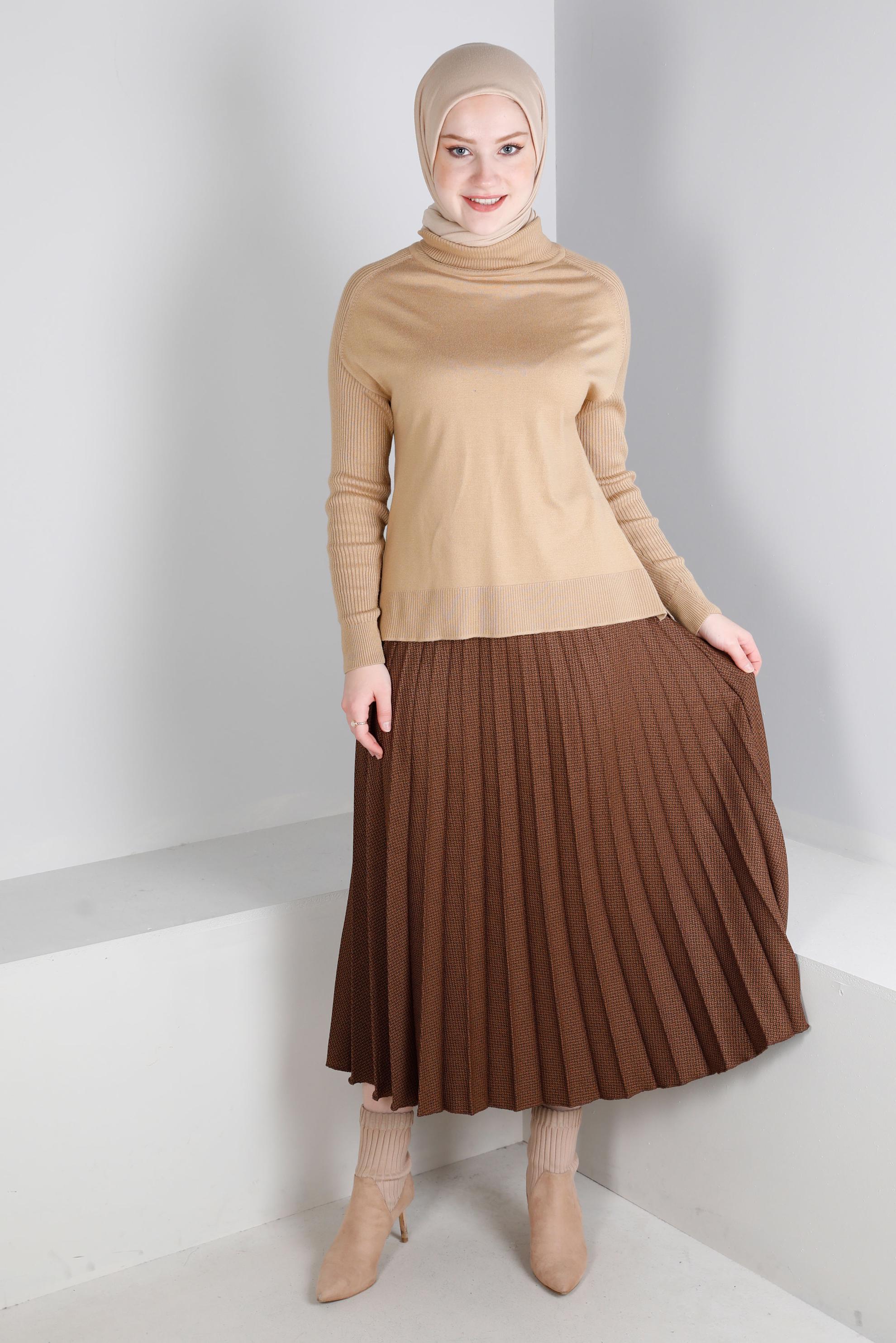 Tesettür giyim TABA DESENLİ PİLİSELİ ETEK 60352