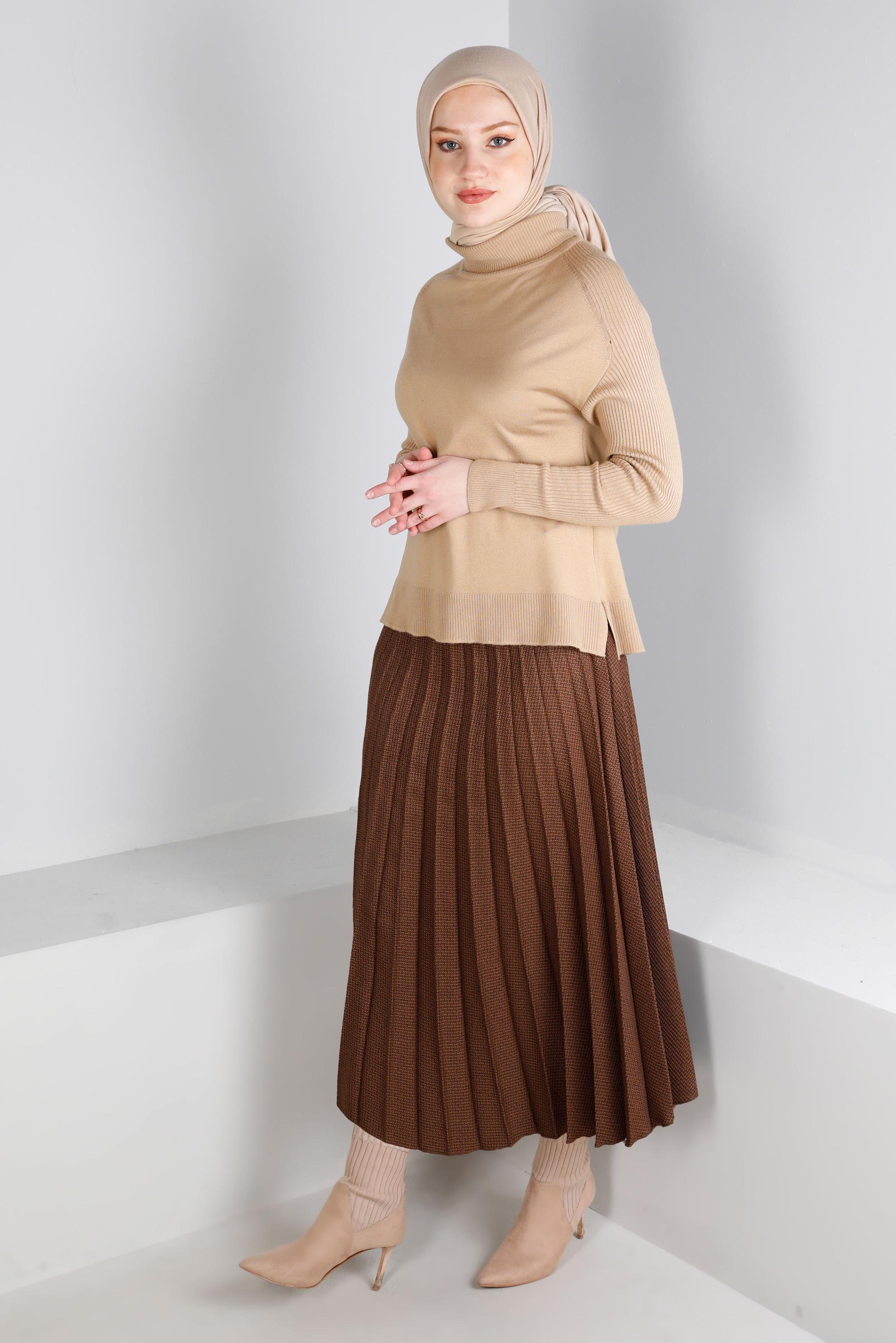 Tesettür giyim TABA DESENLİ PİLİSELİ ETEK 60352