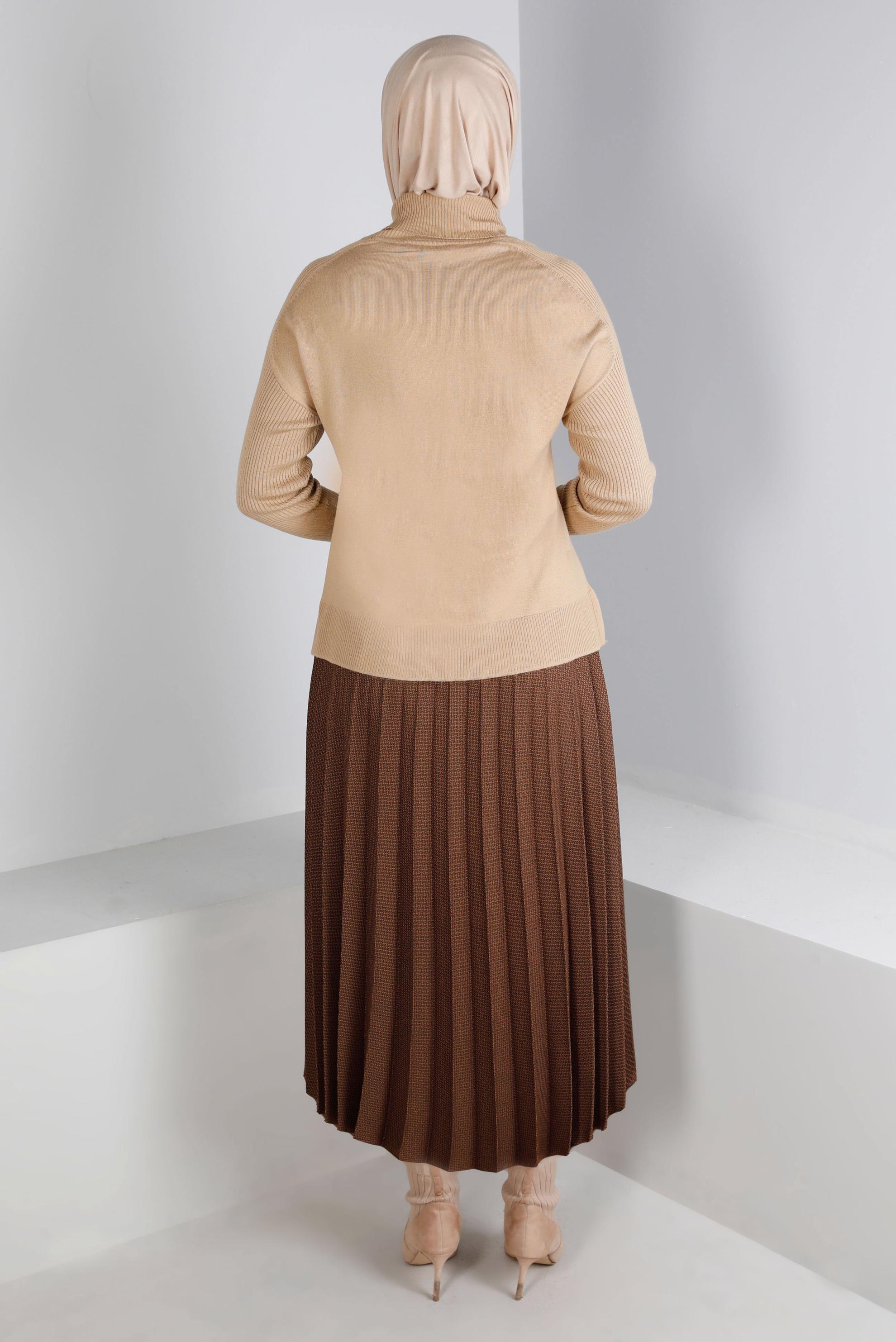 Tesettür giyim TABA DESENLİ PİLİSELİ ETEK 60352