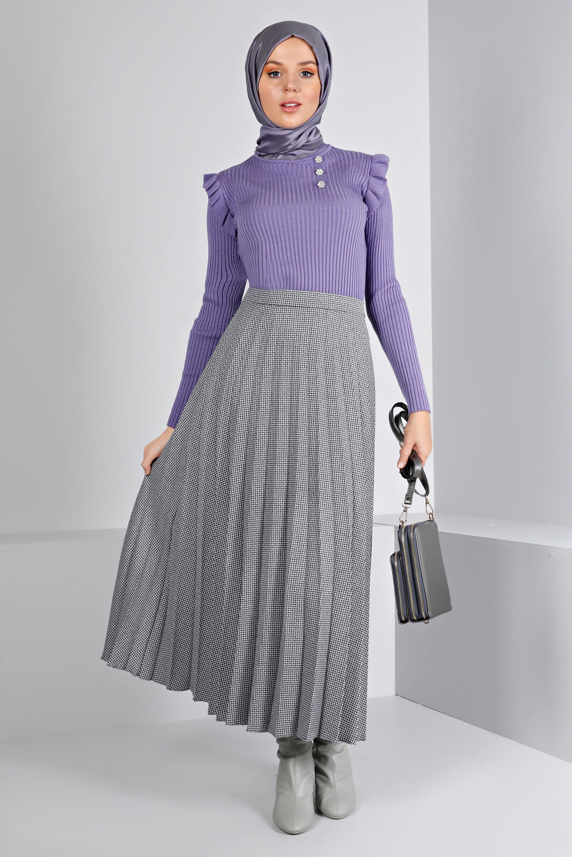 Tesettür giyim SİYAH DESENLİ PİLİSELİ ETEK 60352