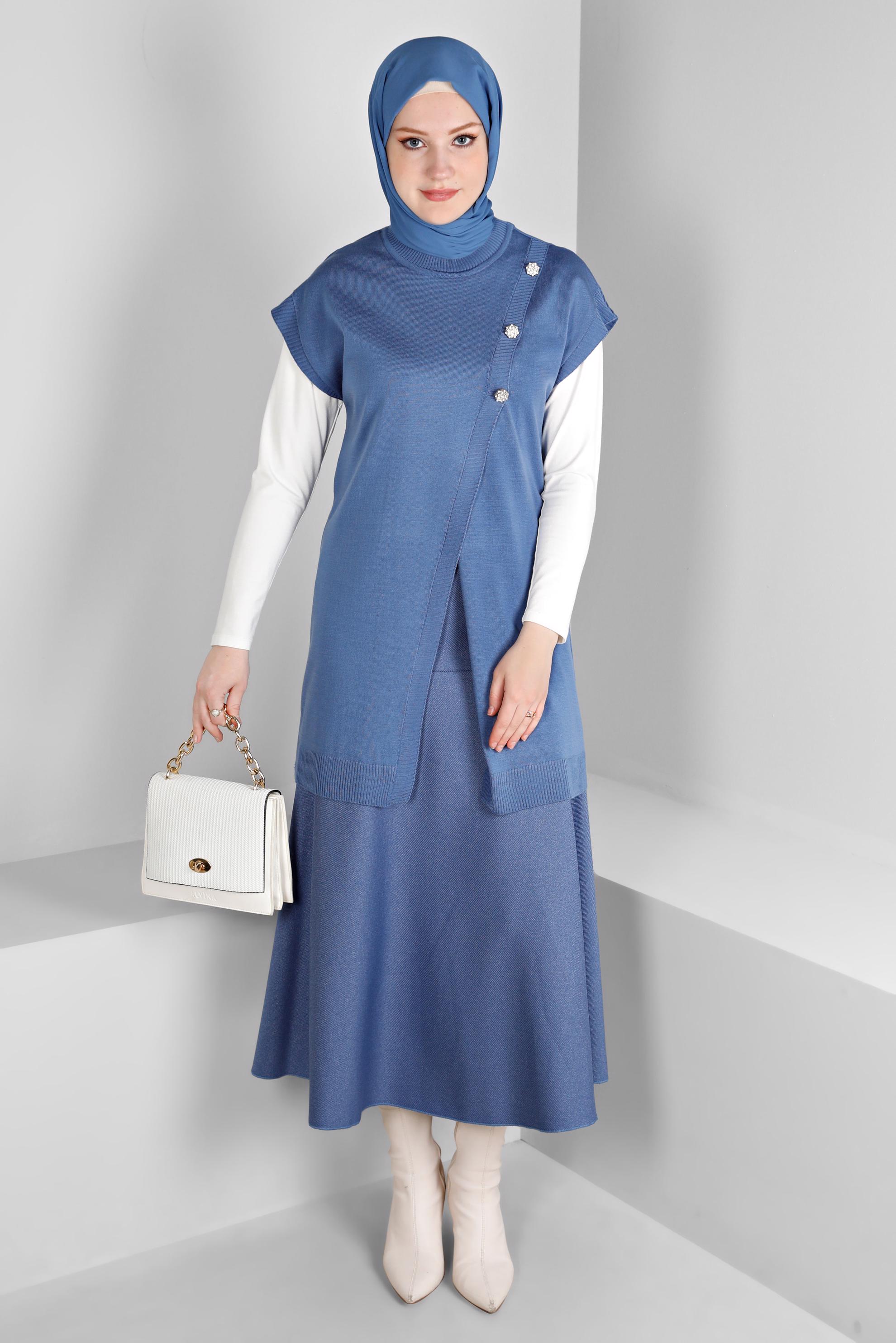 Tesettür giyim LACİVERT DÜĞME DETAYLI ÇAN ETEK 60353 