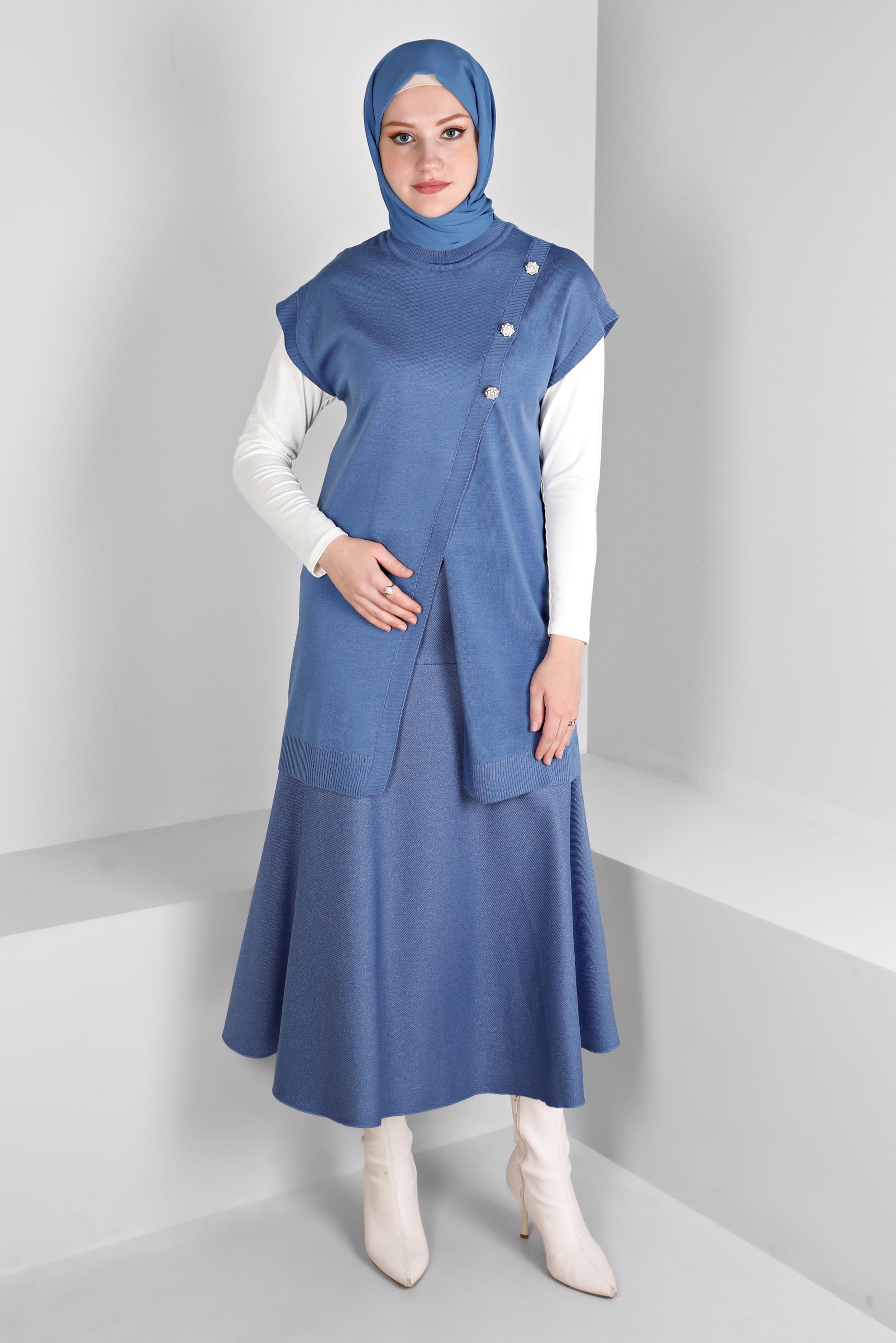 Tesettür giyim LACİVERT DÜĞME DETAYLI ÇAN ETEK 60353 