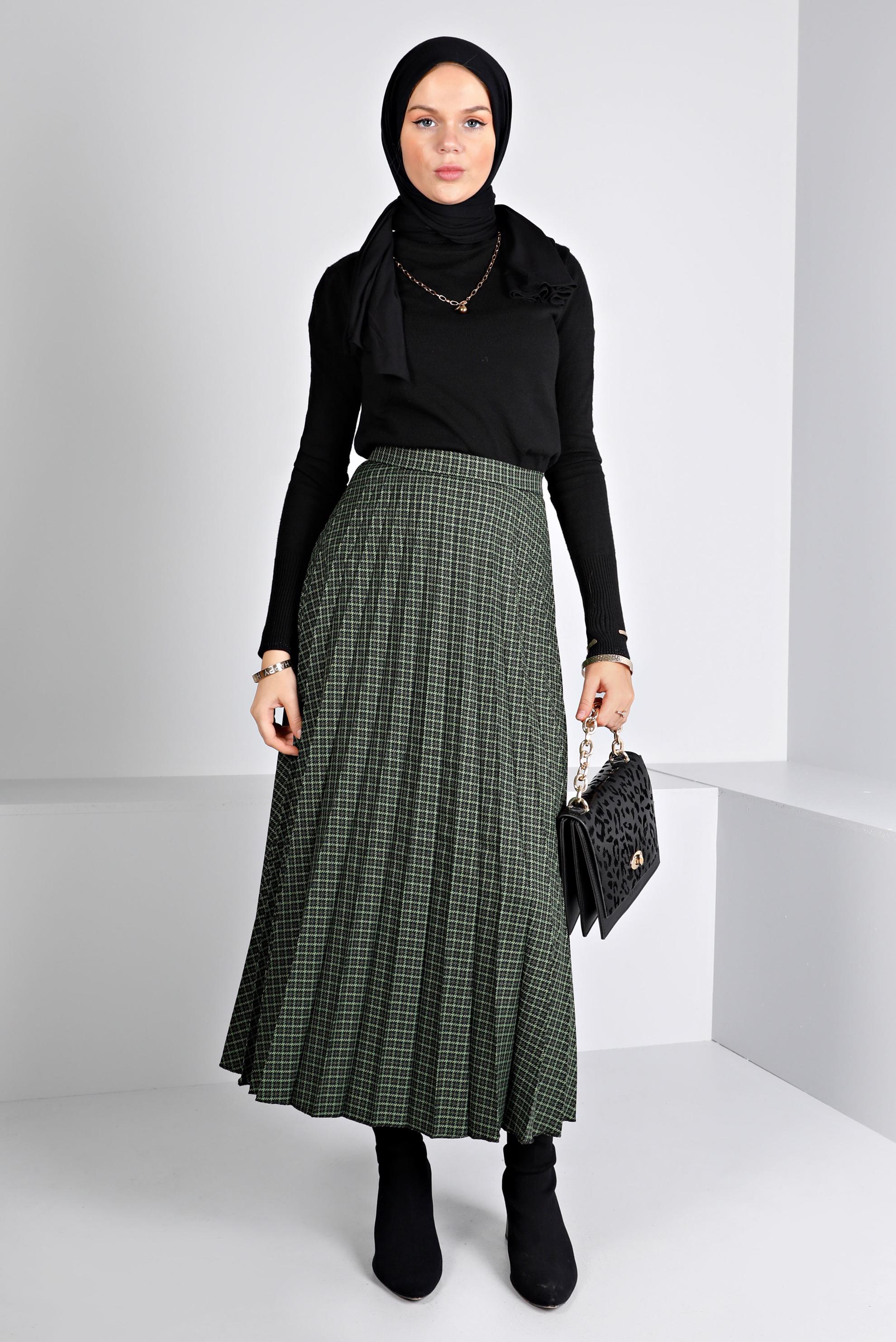 Tesettür giyim YEŞİL KARE DESENLİ PİLİSELİ ETEK 60355