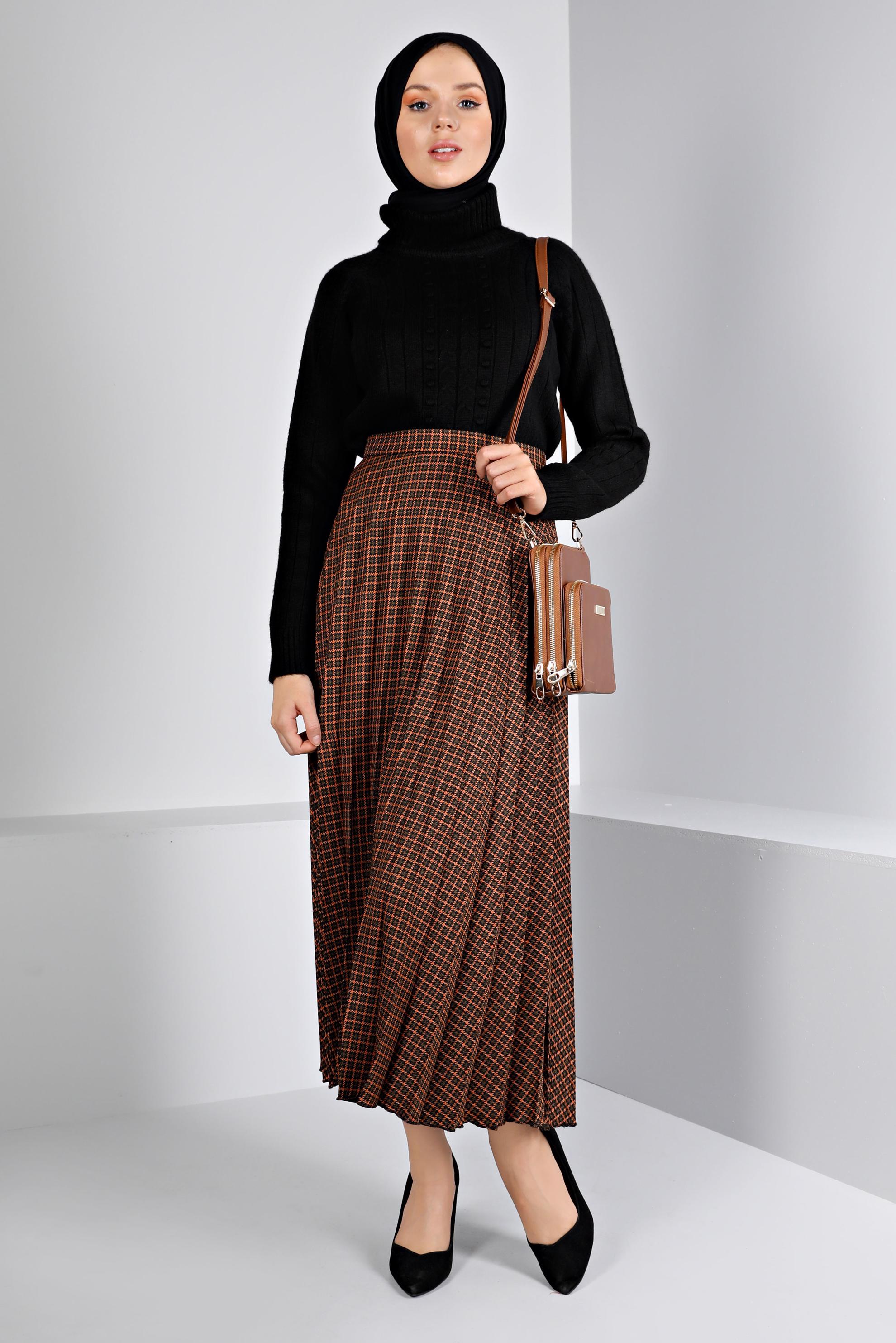 Tesettür giyim TURUNCU KARE DESENLİ PİLİSELİ ETEK 60355