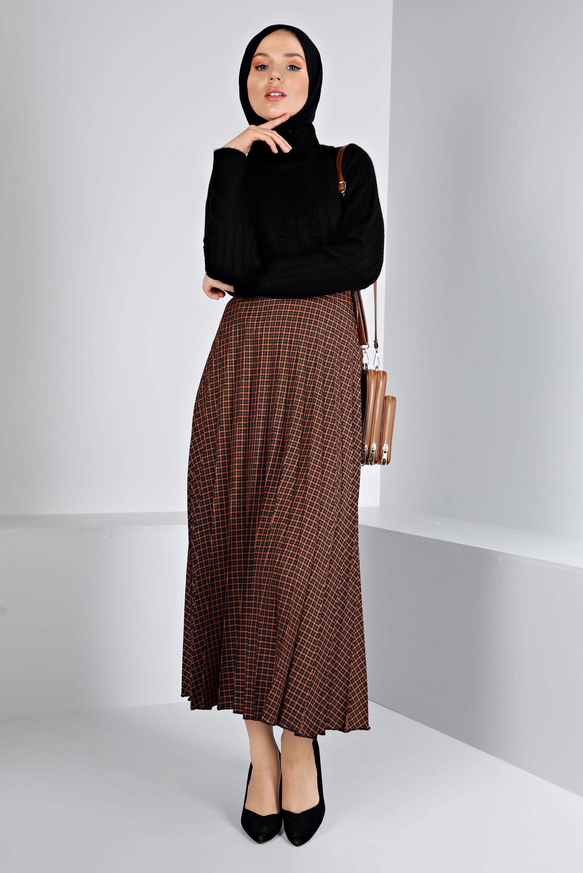 Tesettür giyim TURUNCU KARE DESENLİ PİLİSELİ ETEK 60355