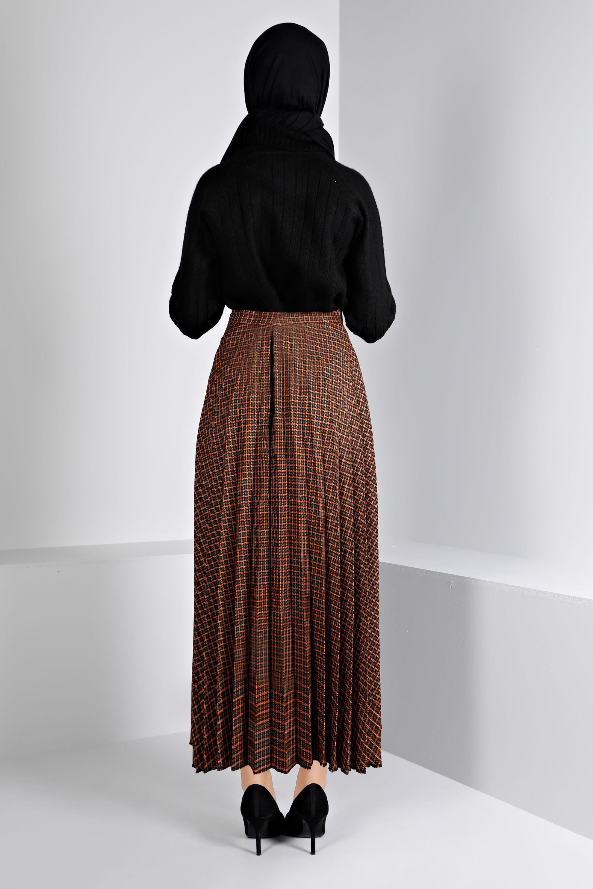 Tesettür giyim TURUNCU KARE DESENLİ PİLİSELİ ETEK 60355