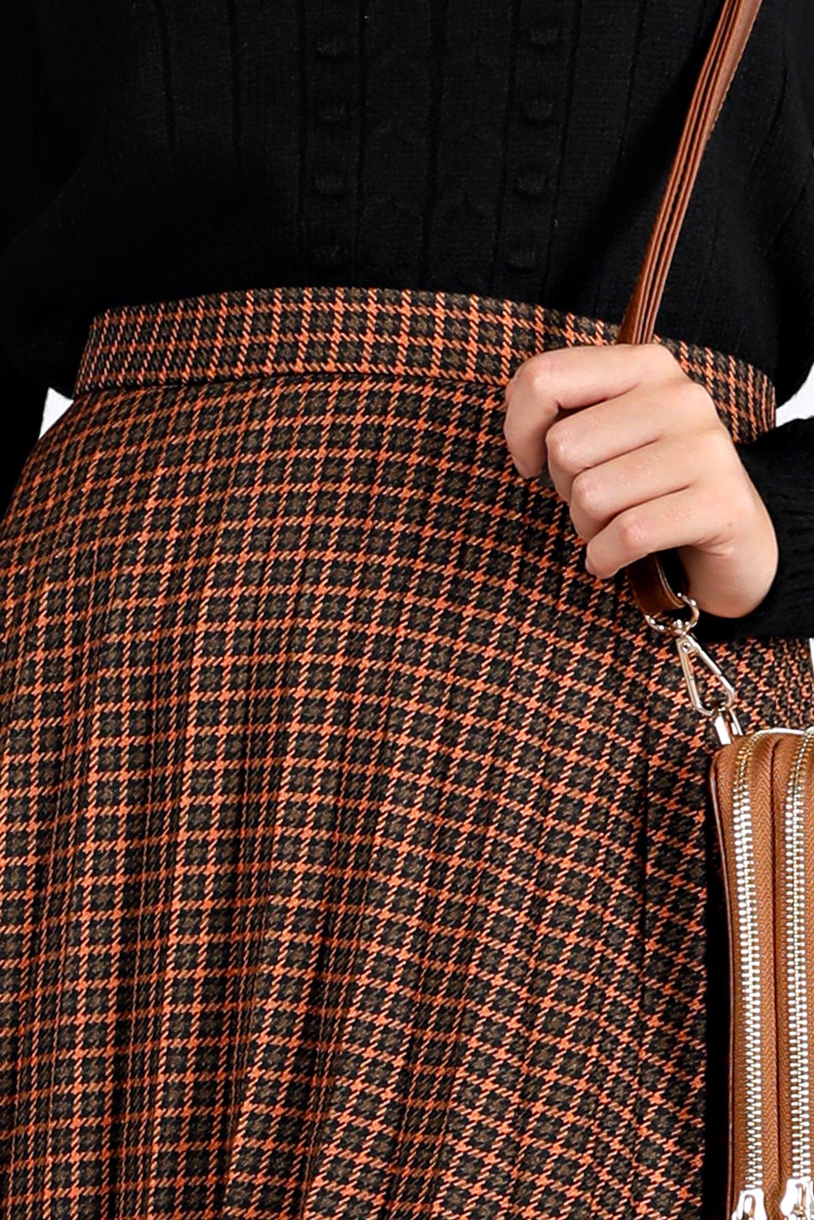 Tesettür giyim TURUNCU KARE DESENLİ PİLİSELİ ETEK 60355