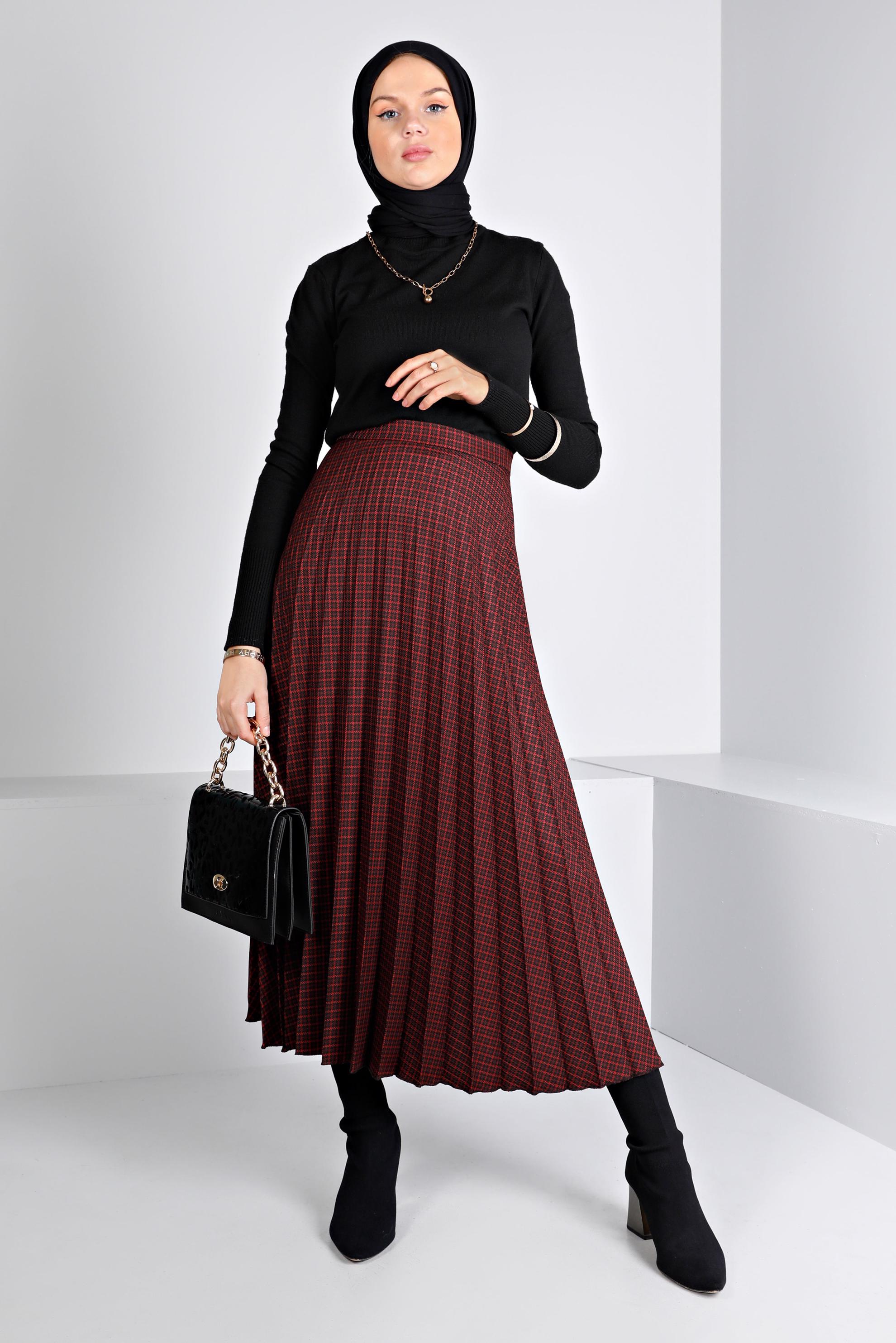 Hijab clothing CLARET RED PLAID PATTERN PLEATED SKIRT 60355