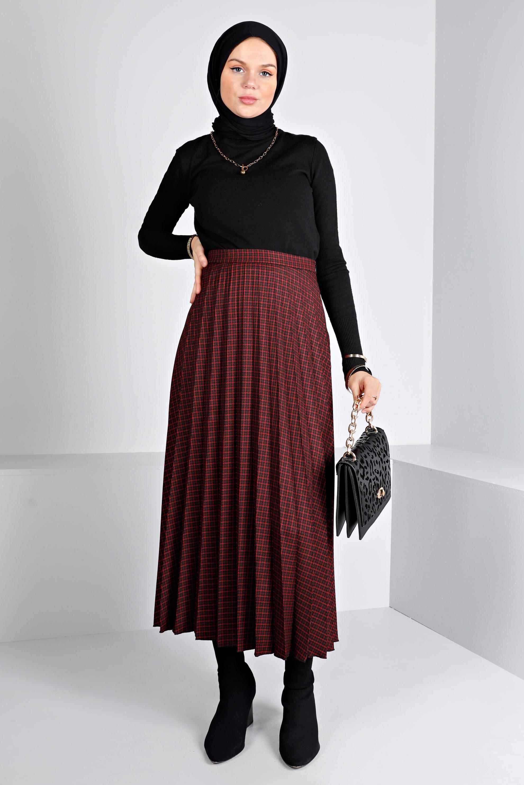 Hijab clothing CLARET RED PLAID PATTERN PLEATED SKIRT 60355