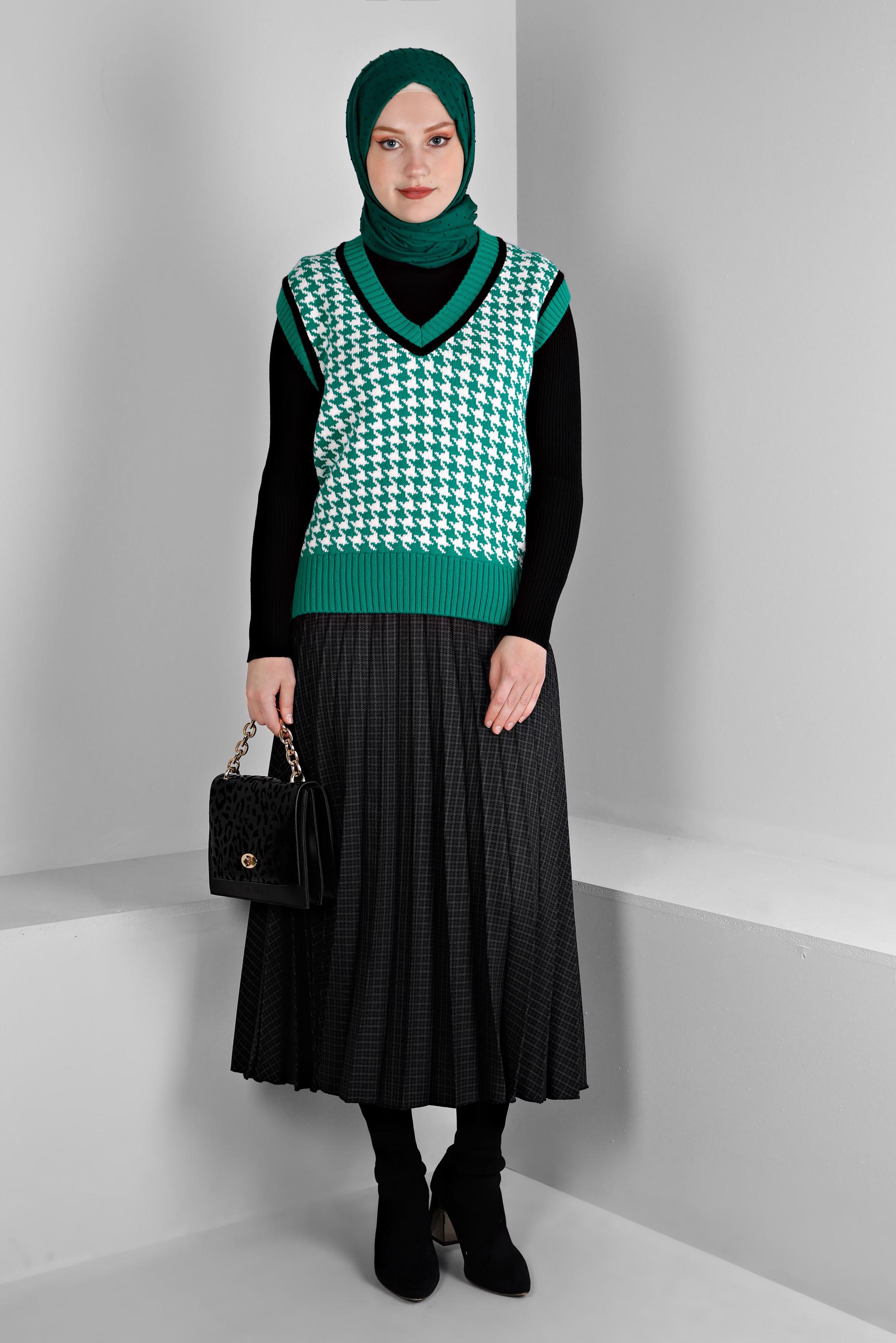 Tesettür giyim GRİ KARE DESENLİ PİLİSELİ ETEK 60355