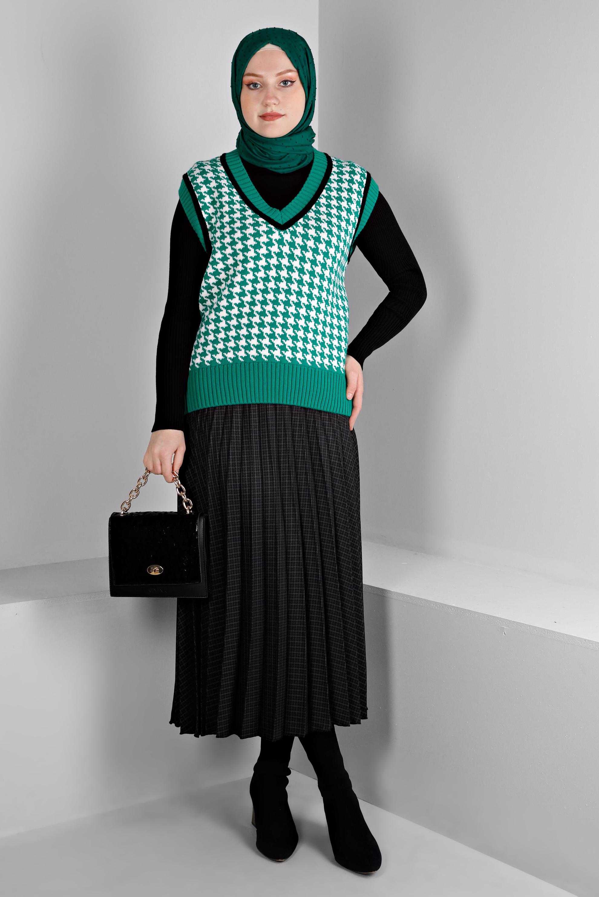 Tesettür giyim GRİ KARE DESENLİ PİLİSELİ ETEK 60355