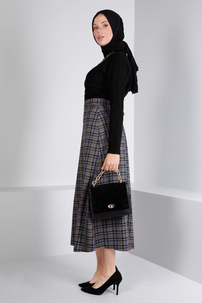 Tesettür giyim GRİ EKOSE DESENLİ ETEK 60357  - ALVİNA