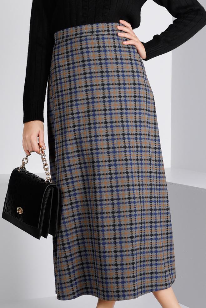 Tesettür giyim GRİ EKOSE DESENLİ ETEK 60357  - ALVİNA