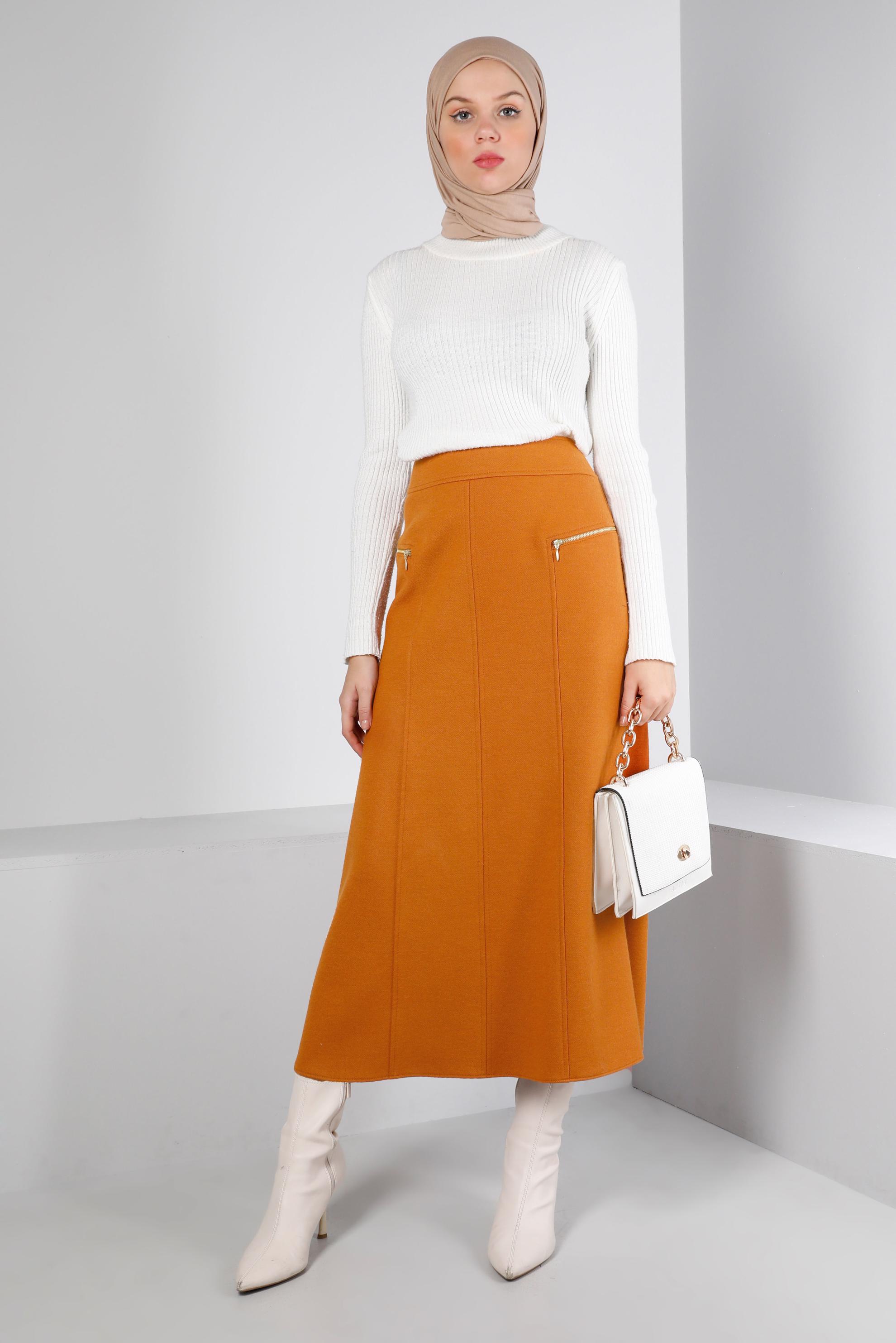 Tesettür giyim TURUNCU FERMUAR DETAYLI ETEK 60360 