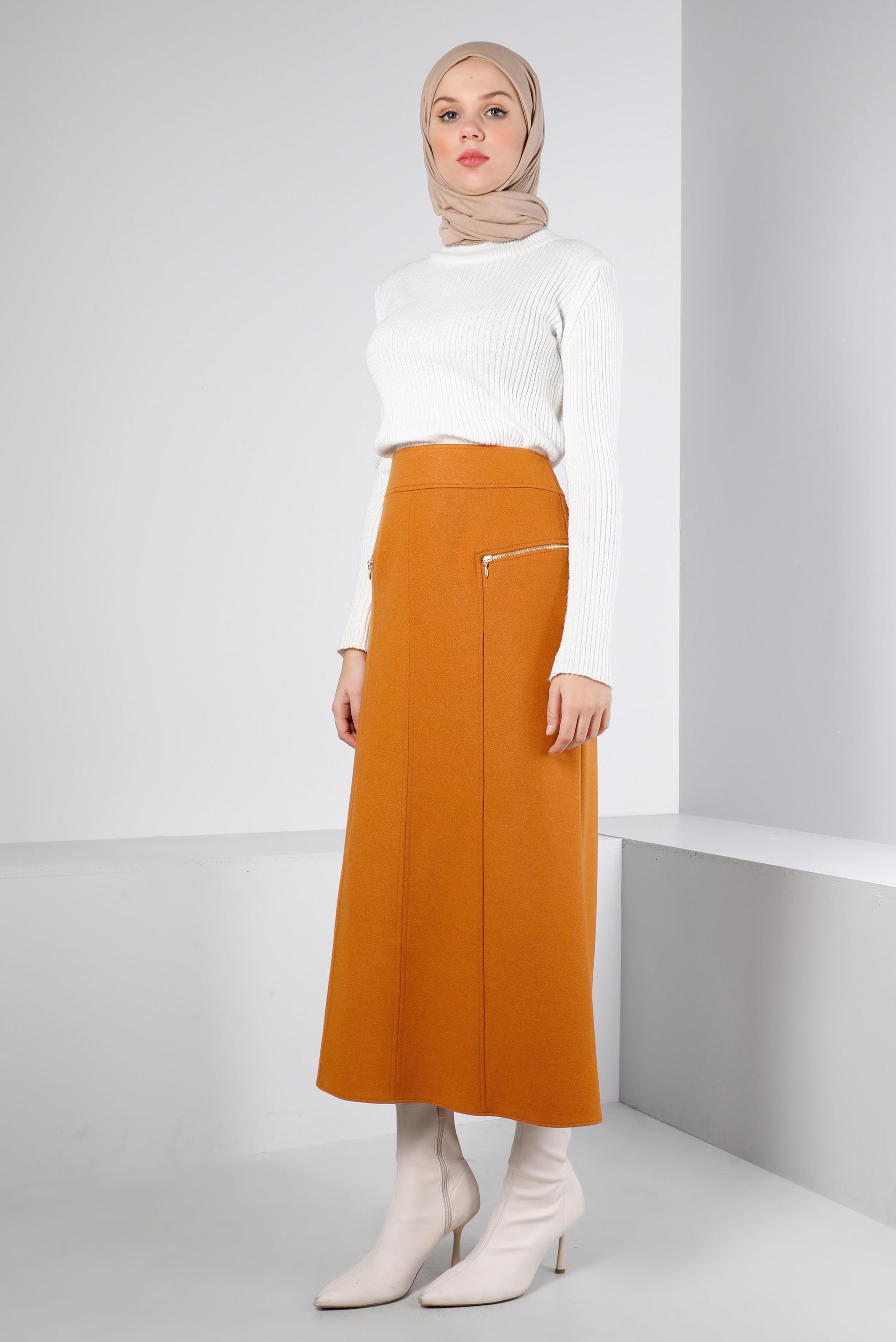 Tesettür giyim TURUNCU FERMUAR DETAYLI ETEK 60360 