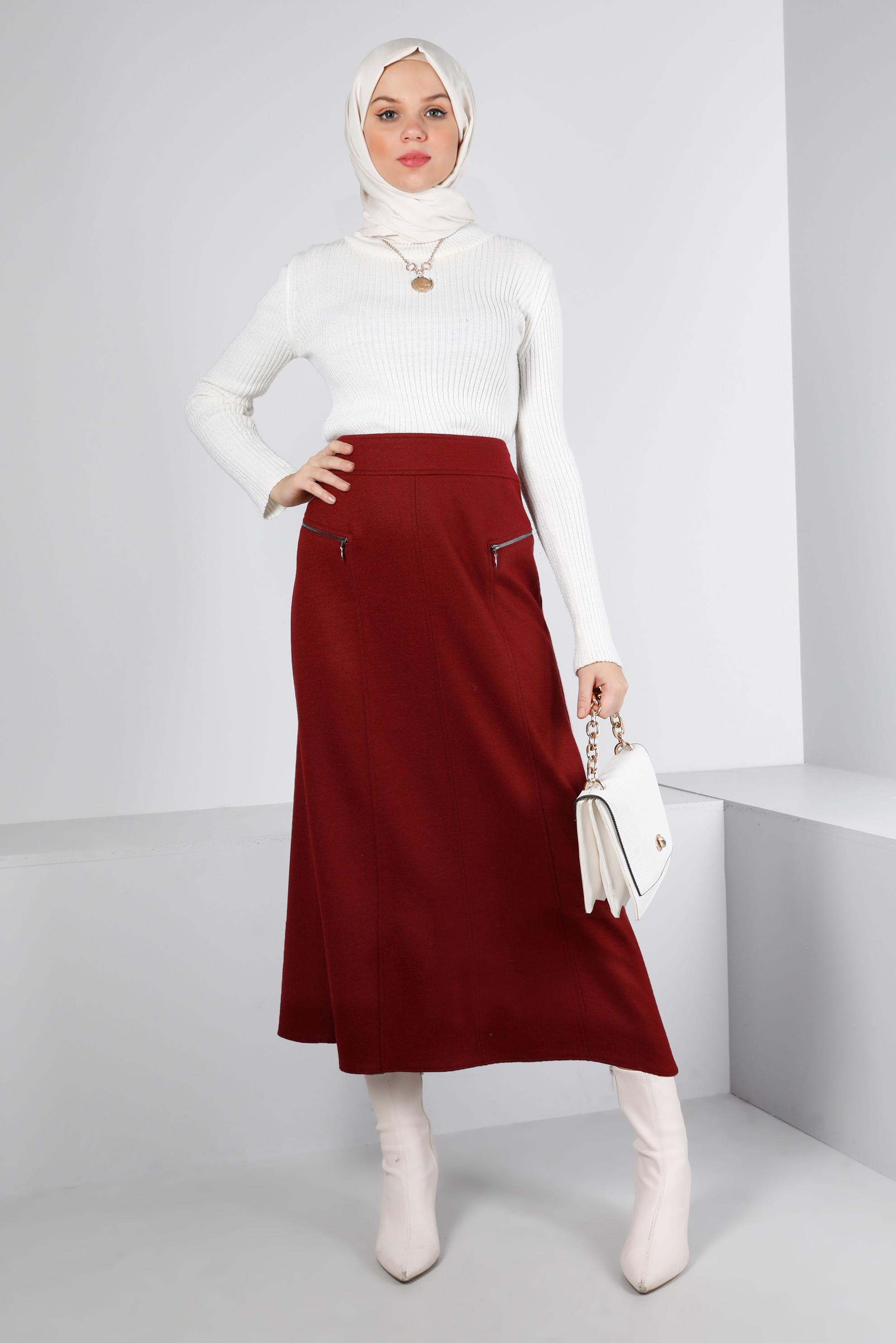 Tesettür giyim BORDO FERMUAR DETAYLI ETEK 60360 