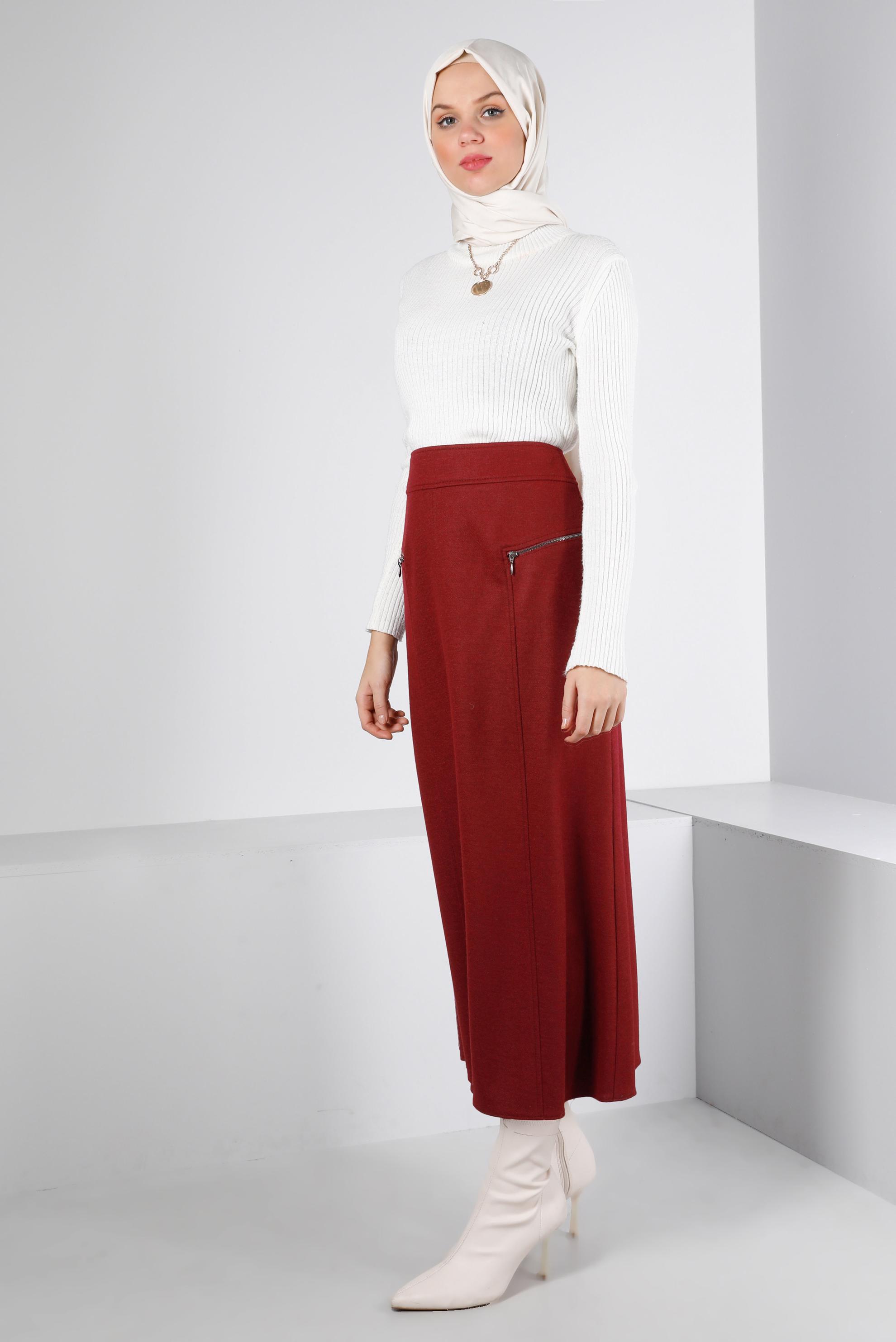 Tesettür giyim BORDO FERMUAR DETAYLI ETEK 60360 