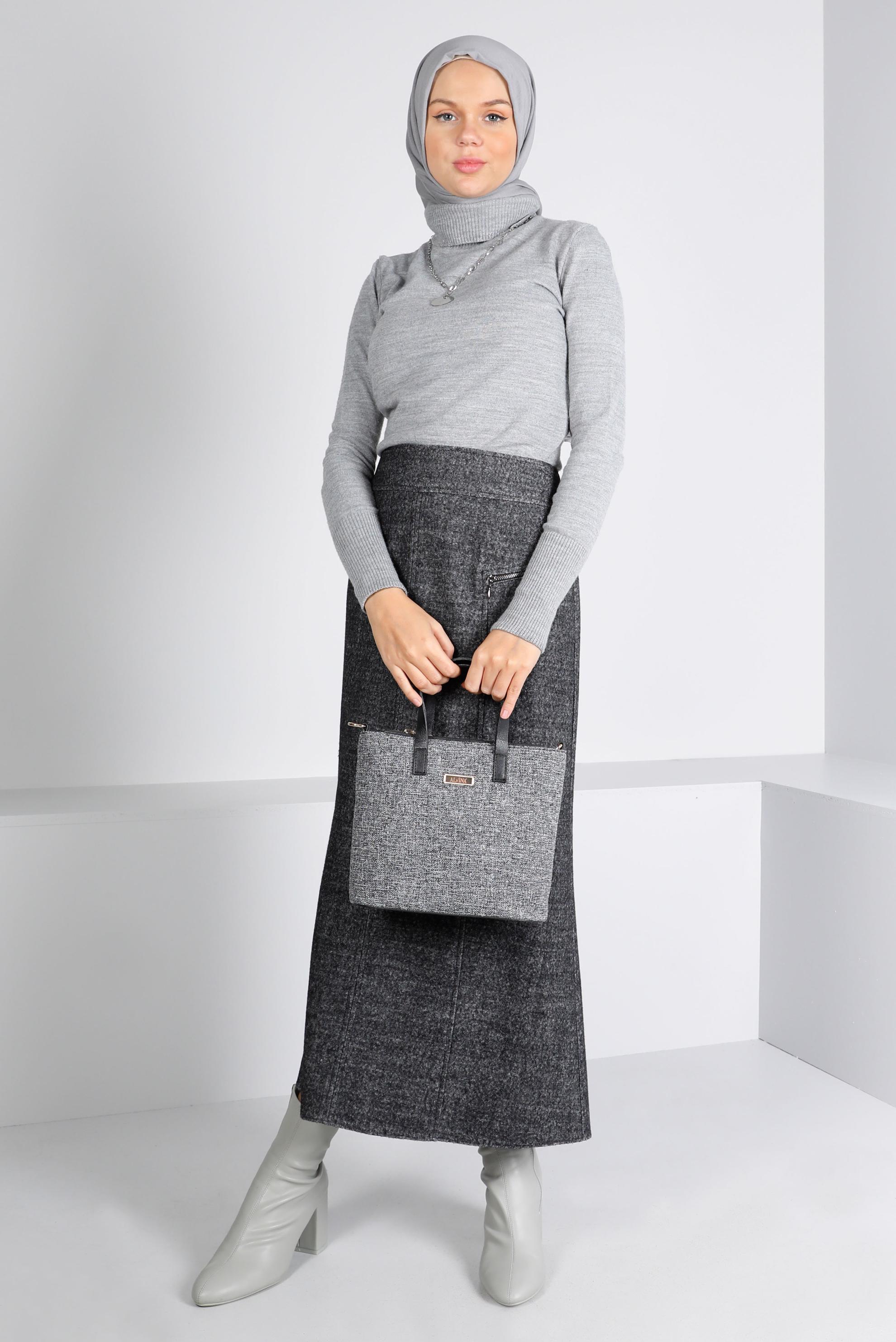 Tesettür giyim GRİ FERMUAR DETAYLI ETEK 60360 