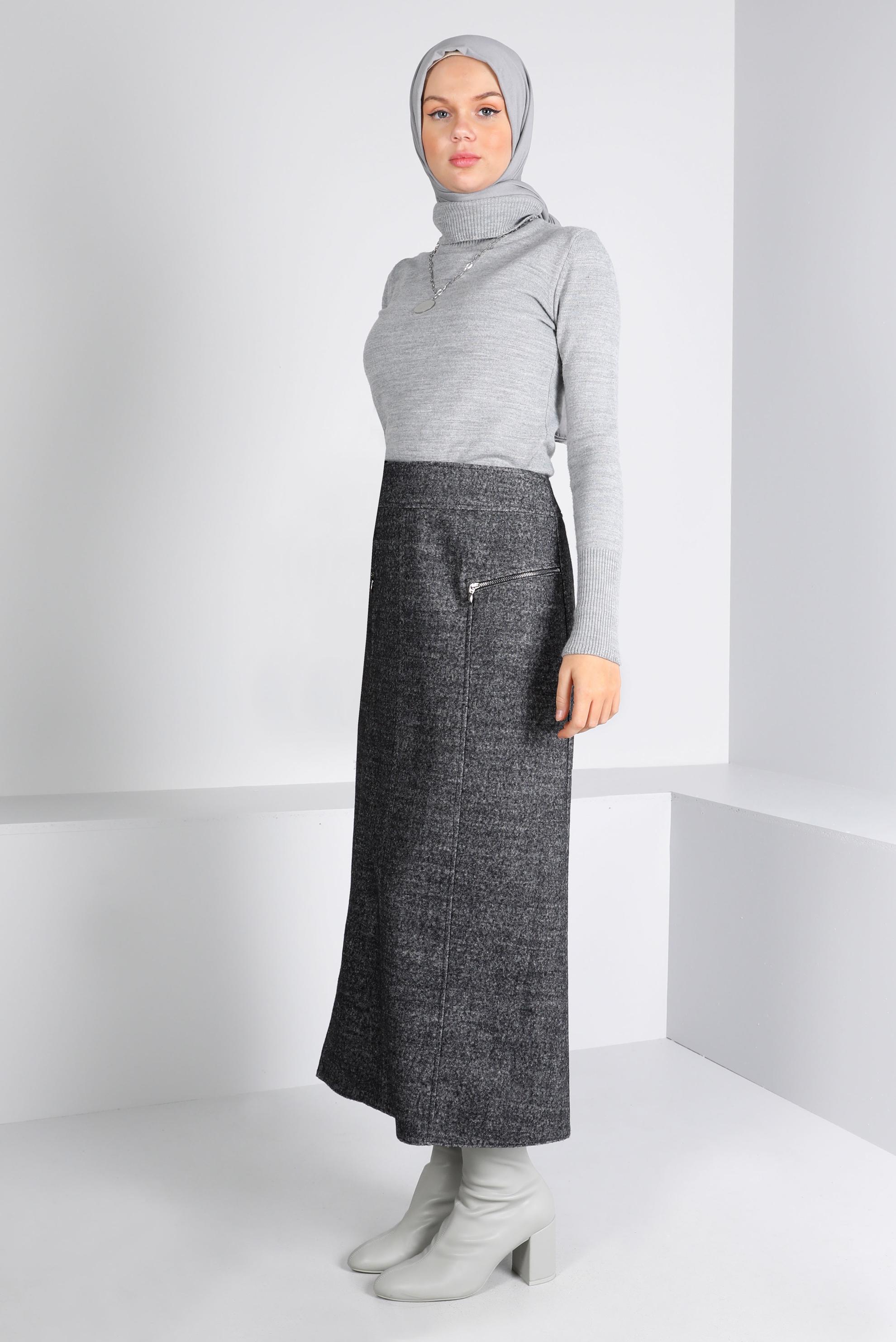 Tesettür giyim GRİ FERMUAR DETAYLI ETEK 60360 