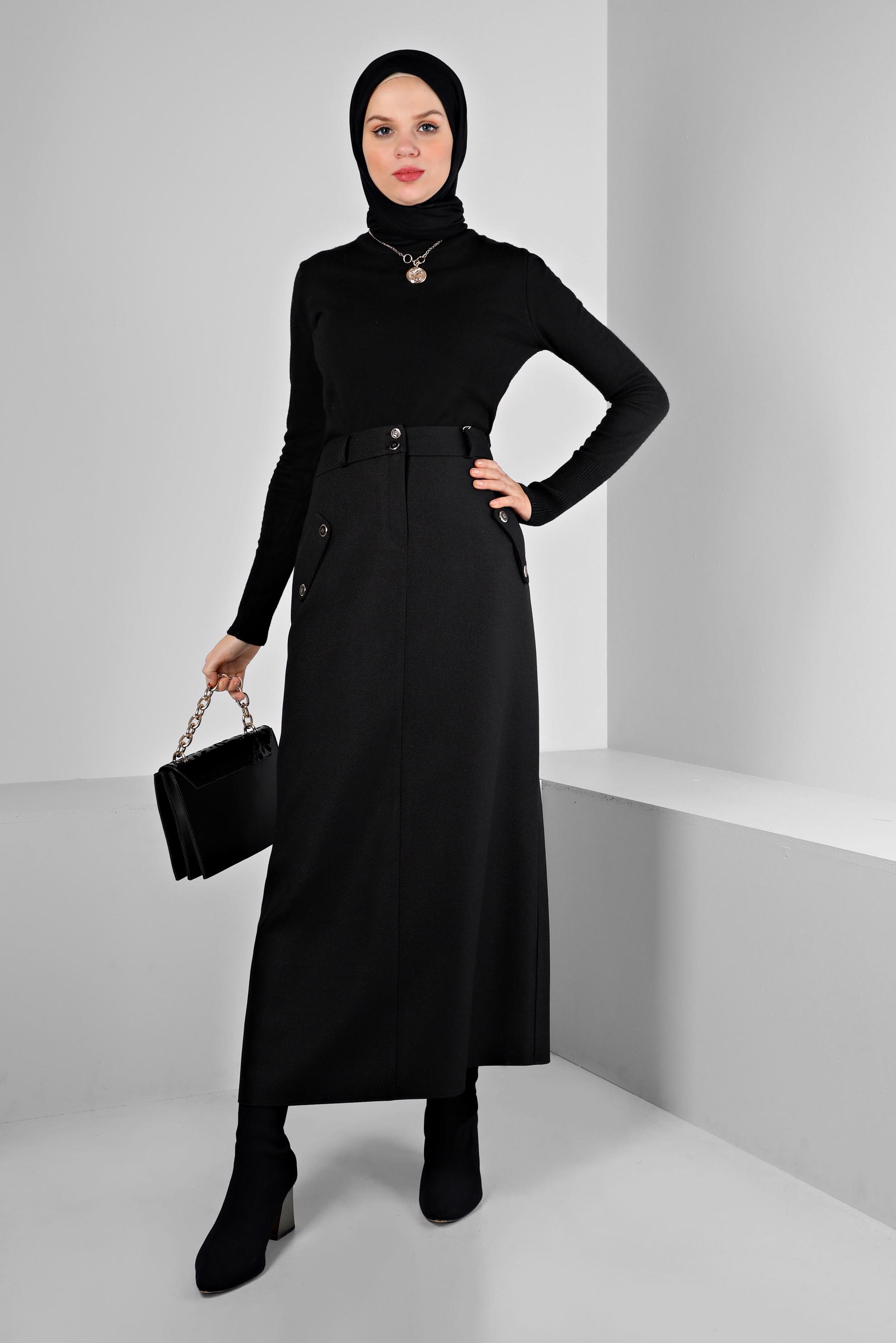 Tesettür giyim SİYAH DÜĞME DETAYLI ETEK 60361