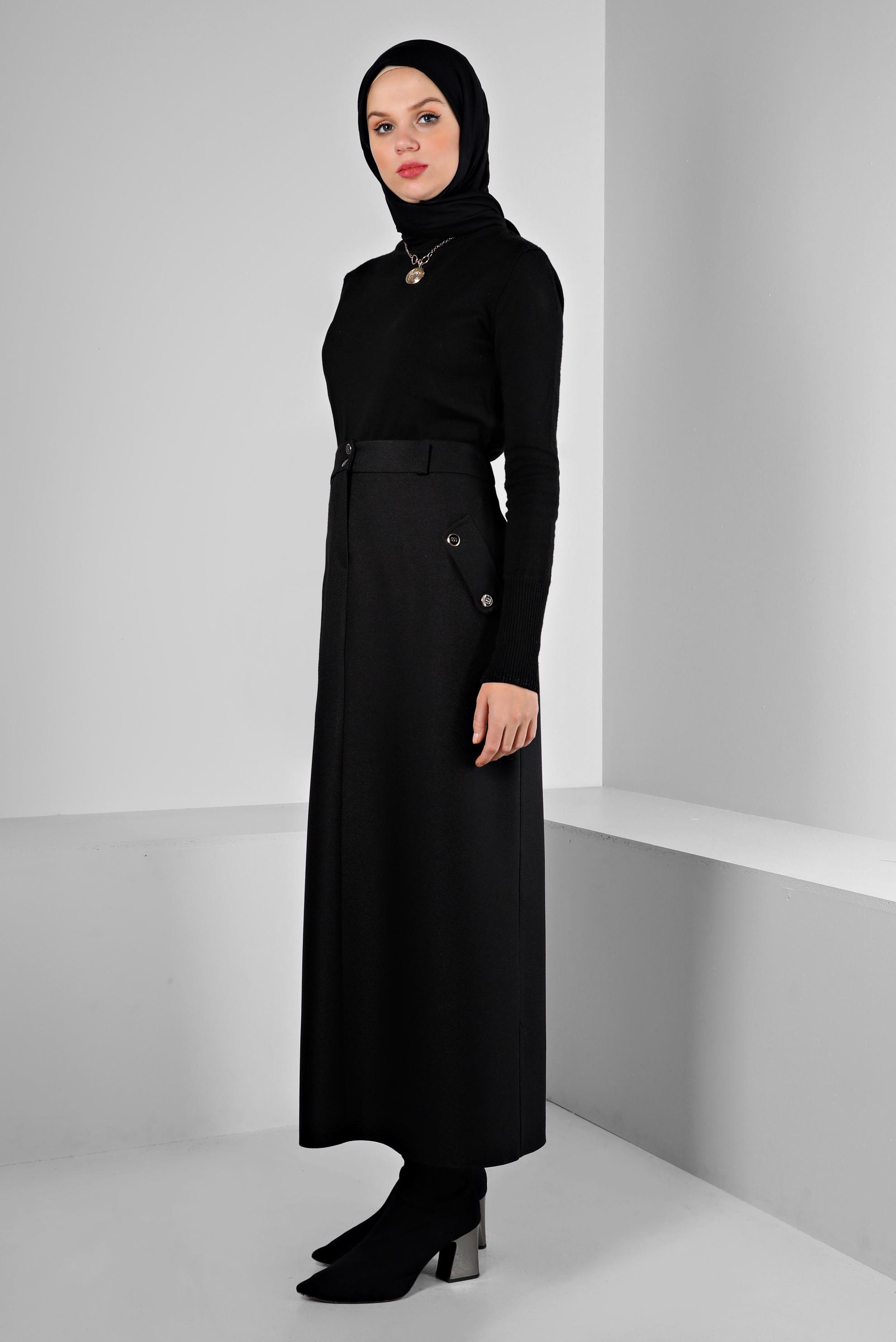 Tesettür giyim SİYAH DÜĞME DETAYLI ETEK 60361