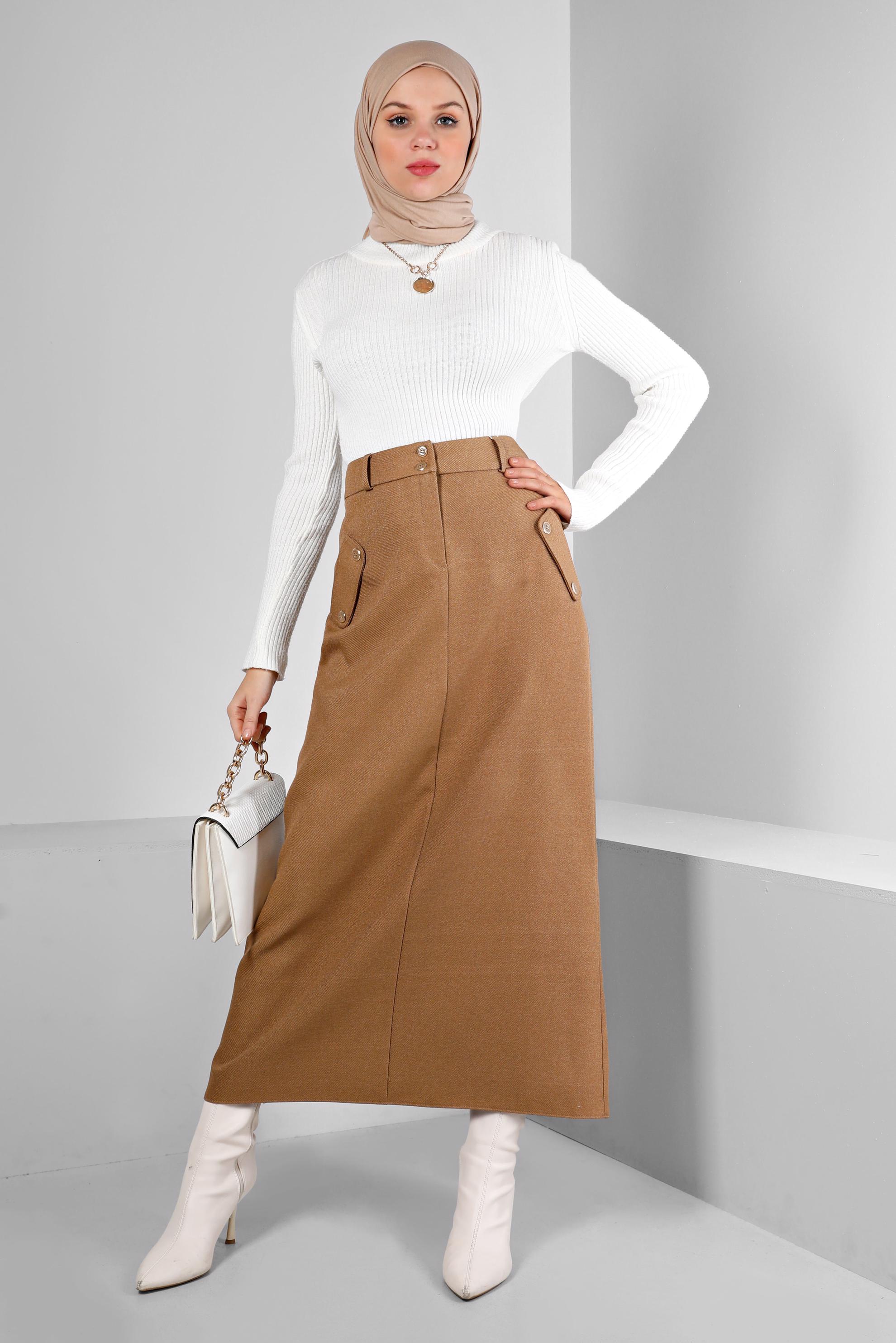 Tesettür giyim KAHVE DÜĞME DETAYLI ETEK 60361