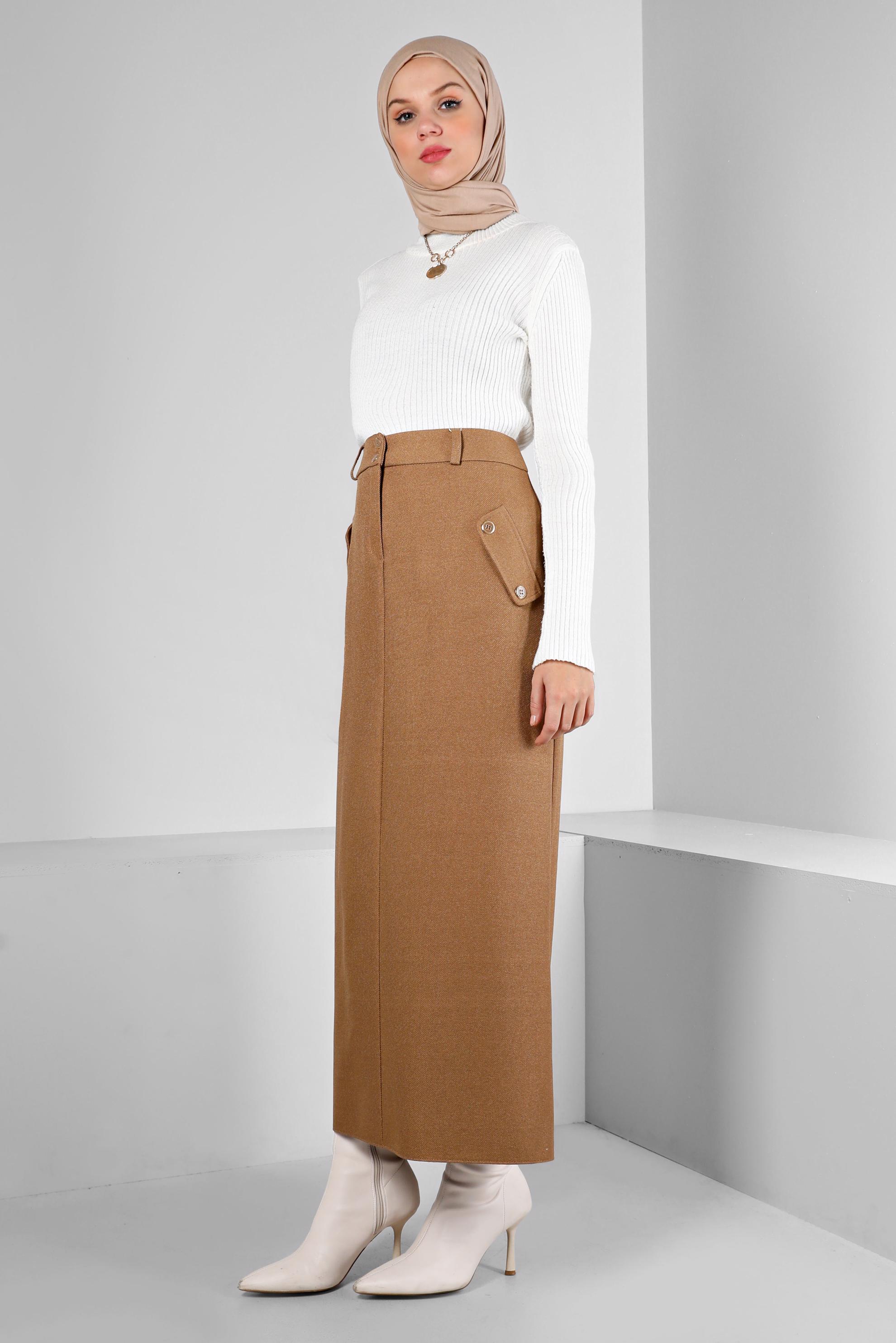 Tesettür giyim KAHVE DÜĞME DETAYLI ETEK 60361