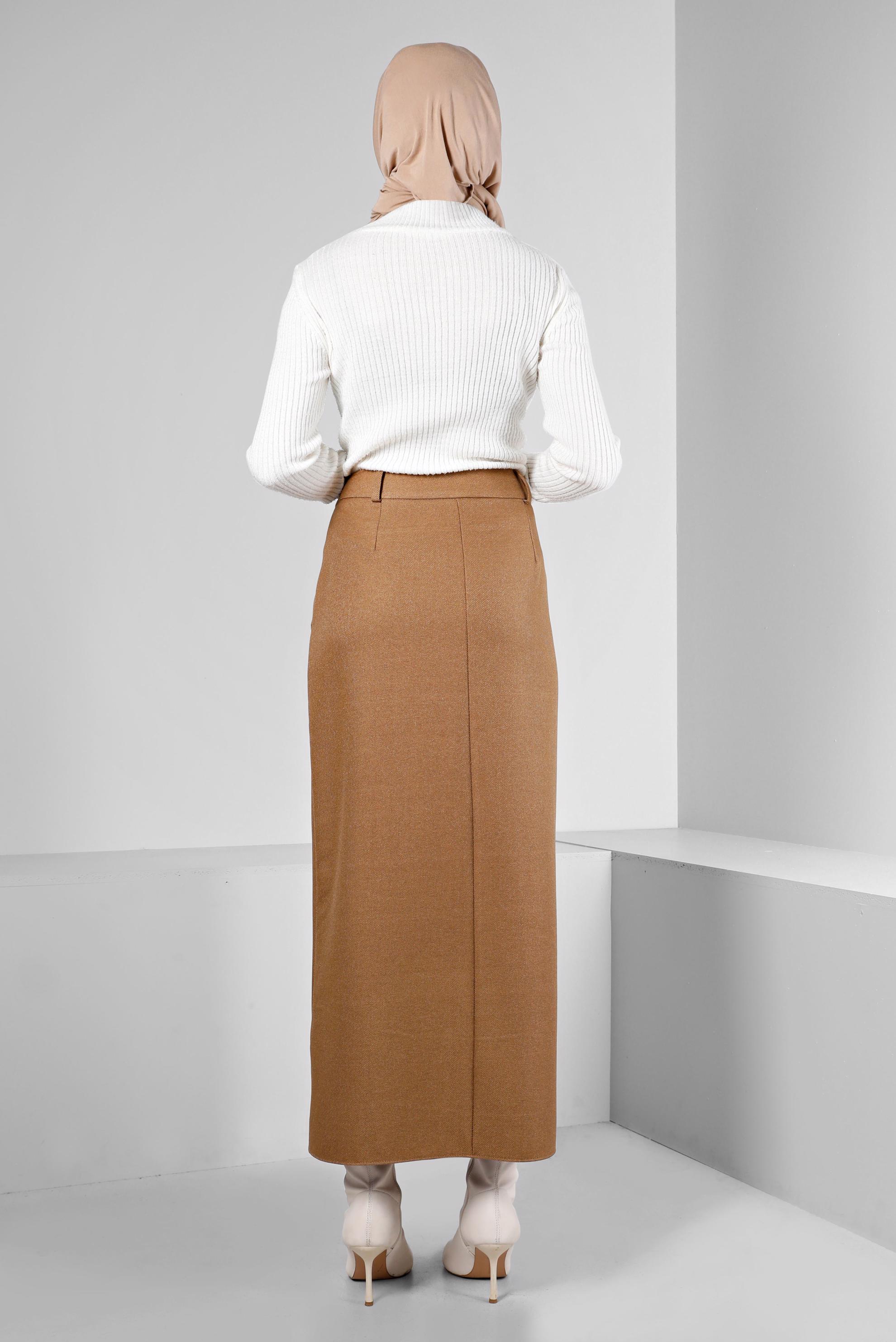 Tesettür giyim KAHVE DÜĞME DETAYLI ETEK 60361