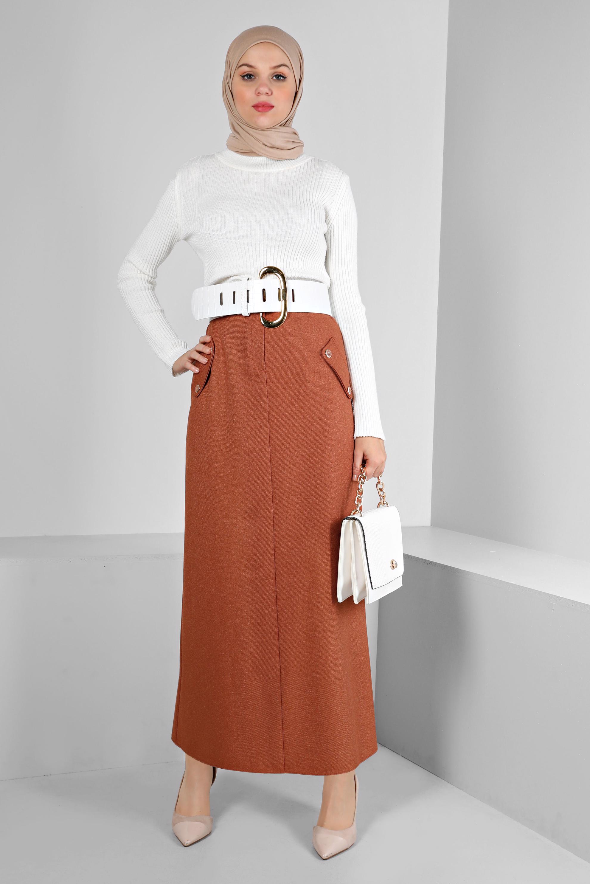Tesettür giyim TURUNCU DÜĞME DETAYLI ETEK 60361