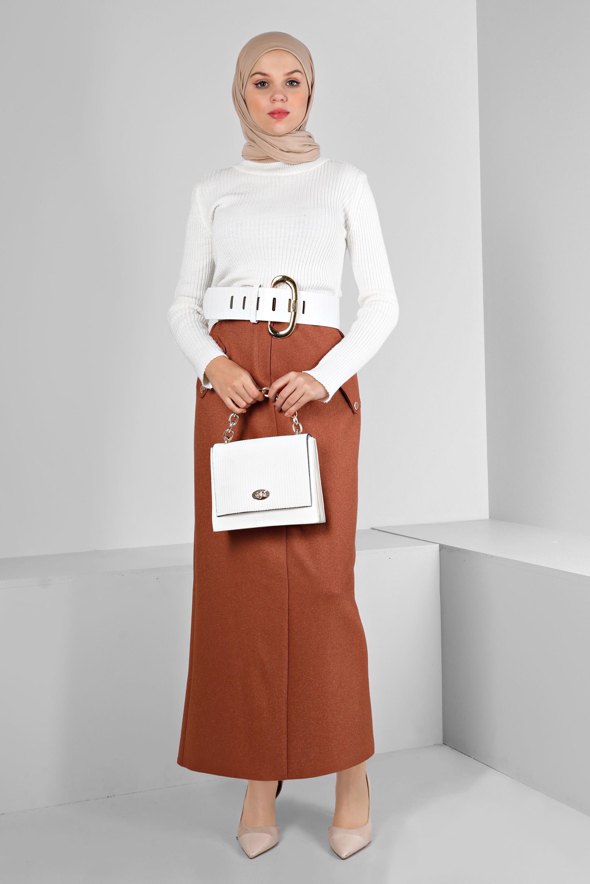Tesettür giyim TURUNCU DÜĞME DETAYLI ETEK 60361
