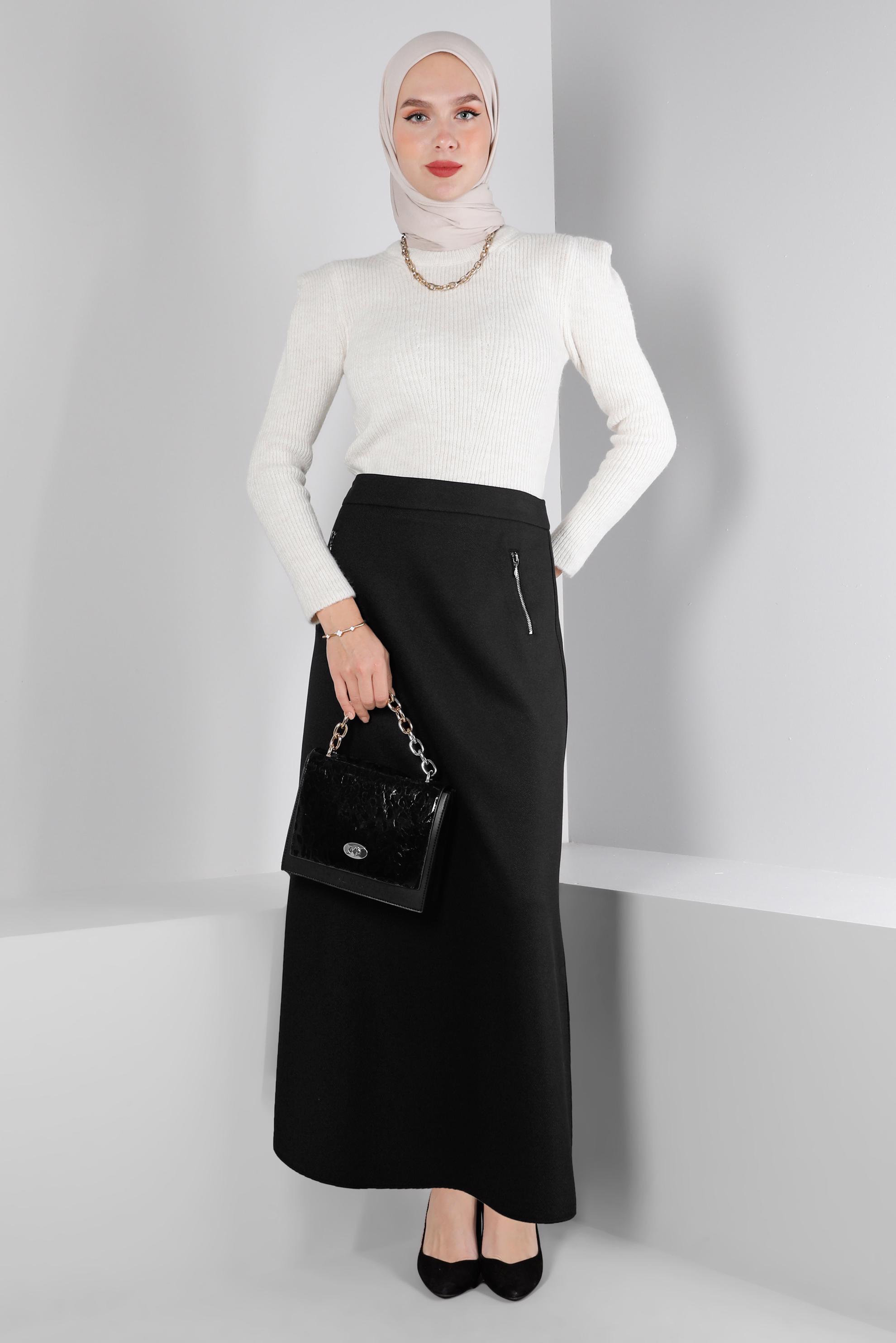 Tesettür giyim SİYAH CEPLERİ FERMUARLI ETEK 60362