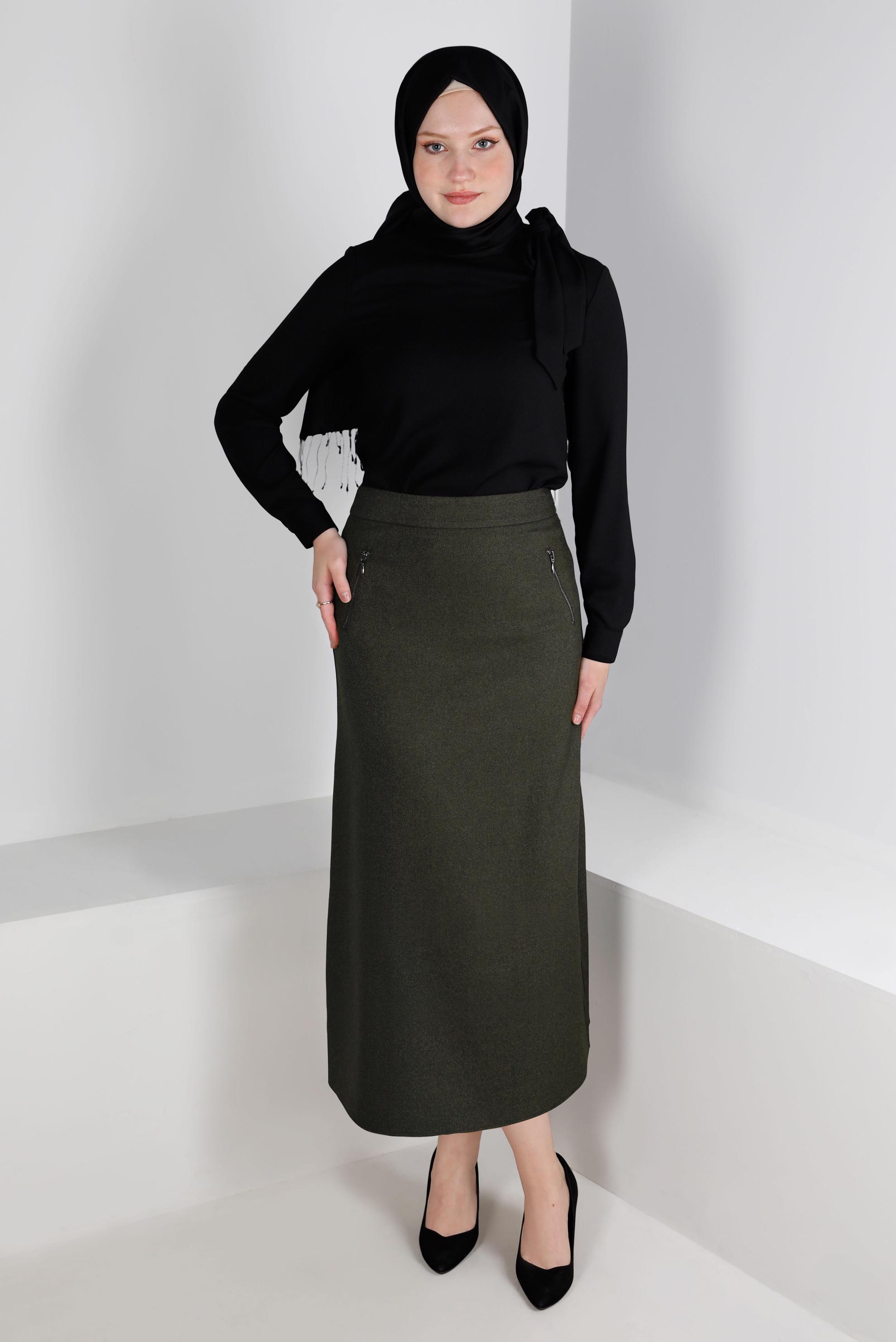 Tesettür giyim HAKİ CEPLERİ FERMUARLI ETEK 60362