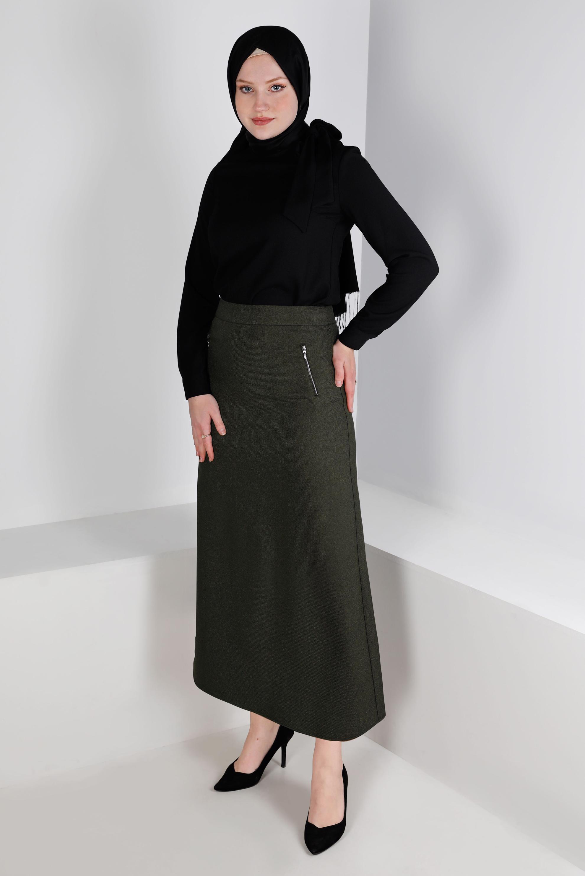 Tesettür giyim HAKİ CEPLERİ FERMUARLI ETEK 60362