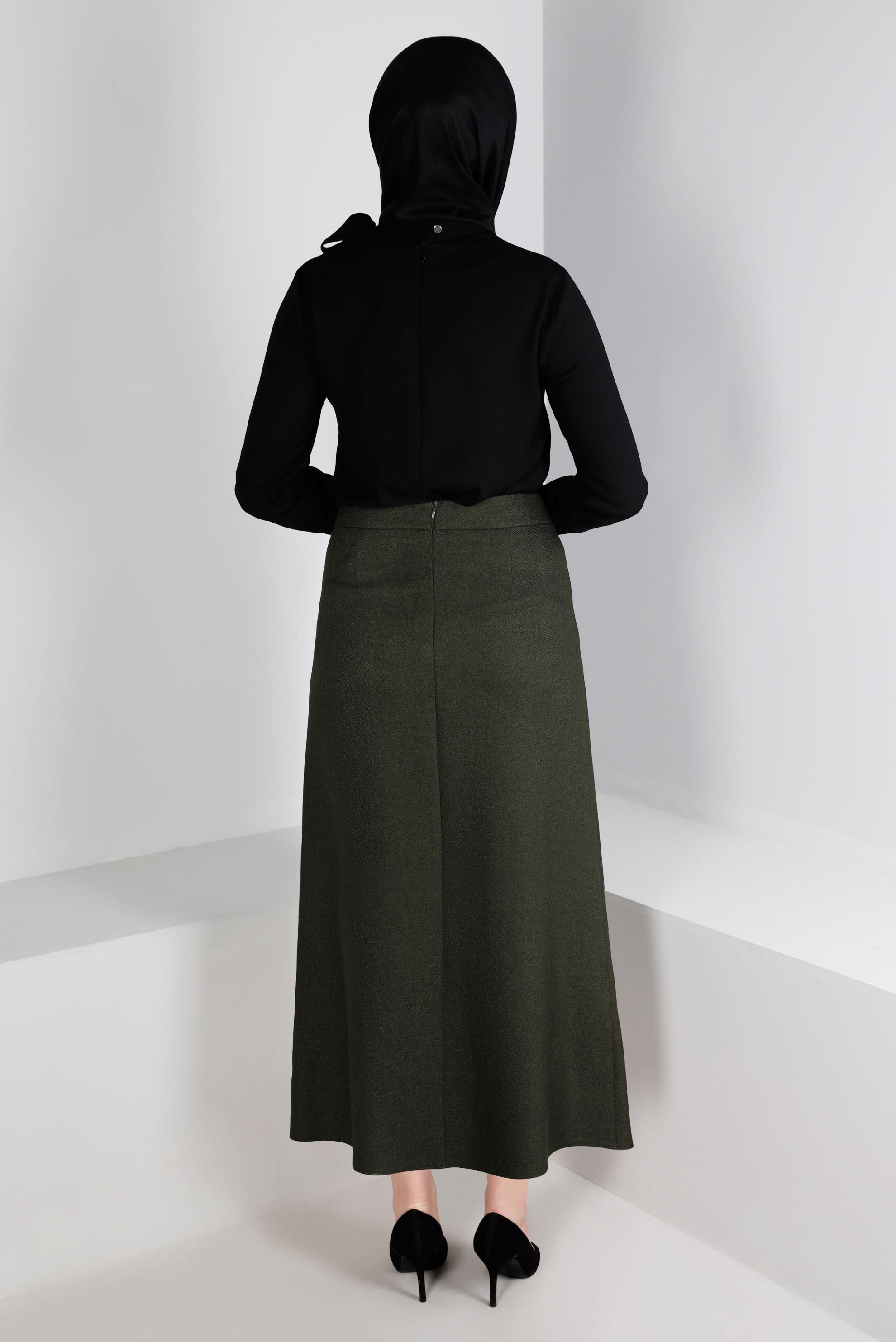 Tesettür giyim HAKİ CEPLERİ FERMUARLI ETEK 60362