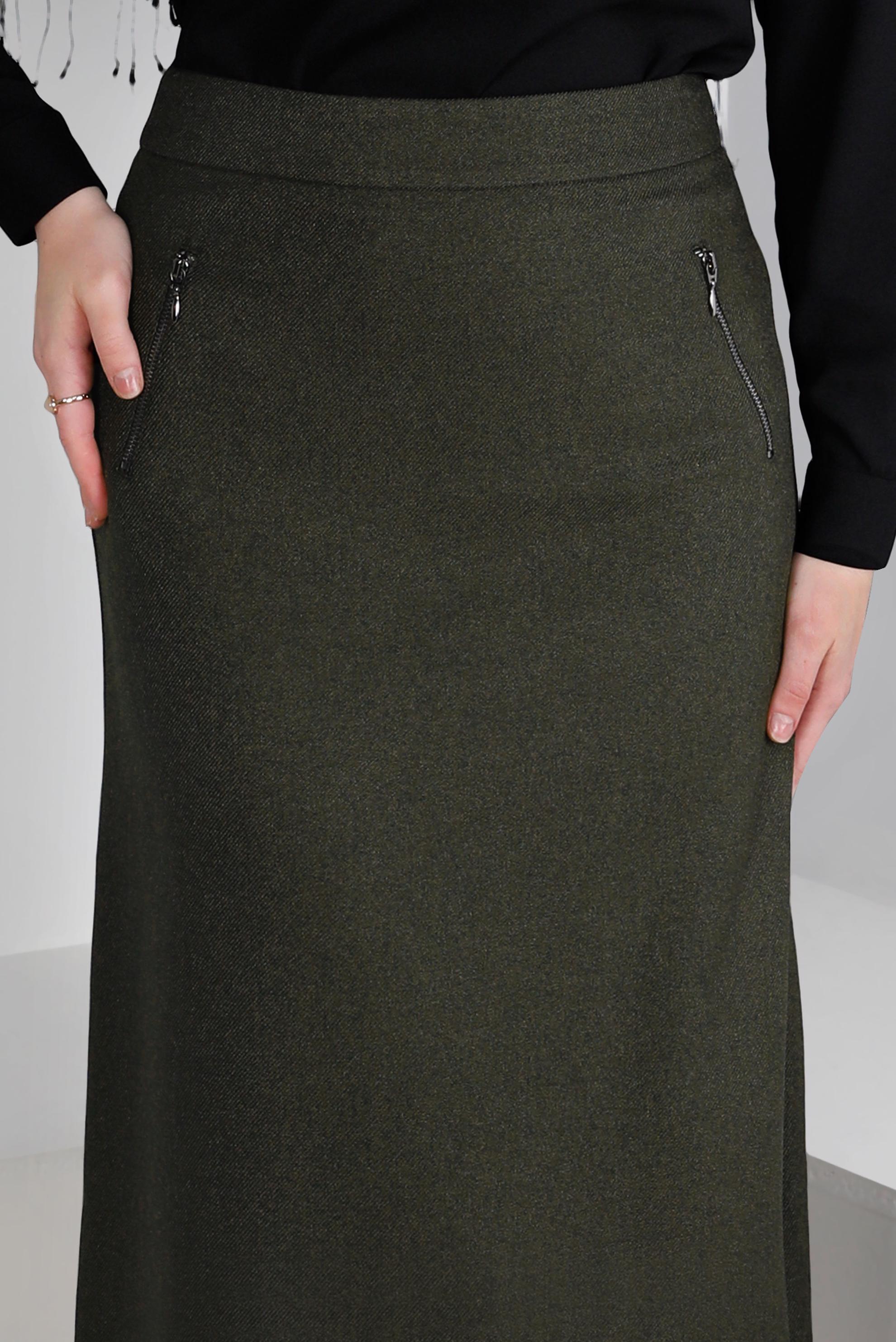 Tesettür giyim HAKİ CEPLERİ FERMUARLI ETEK 60362