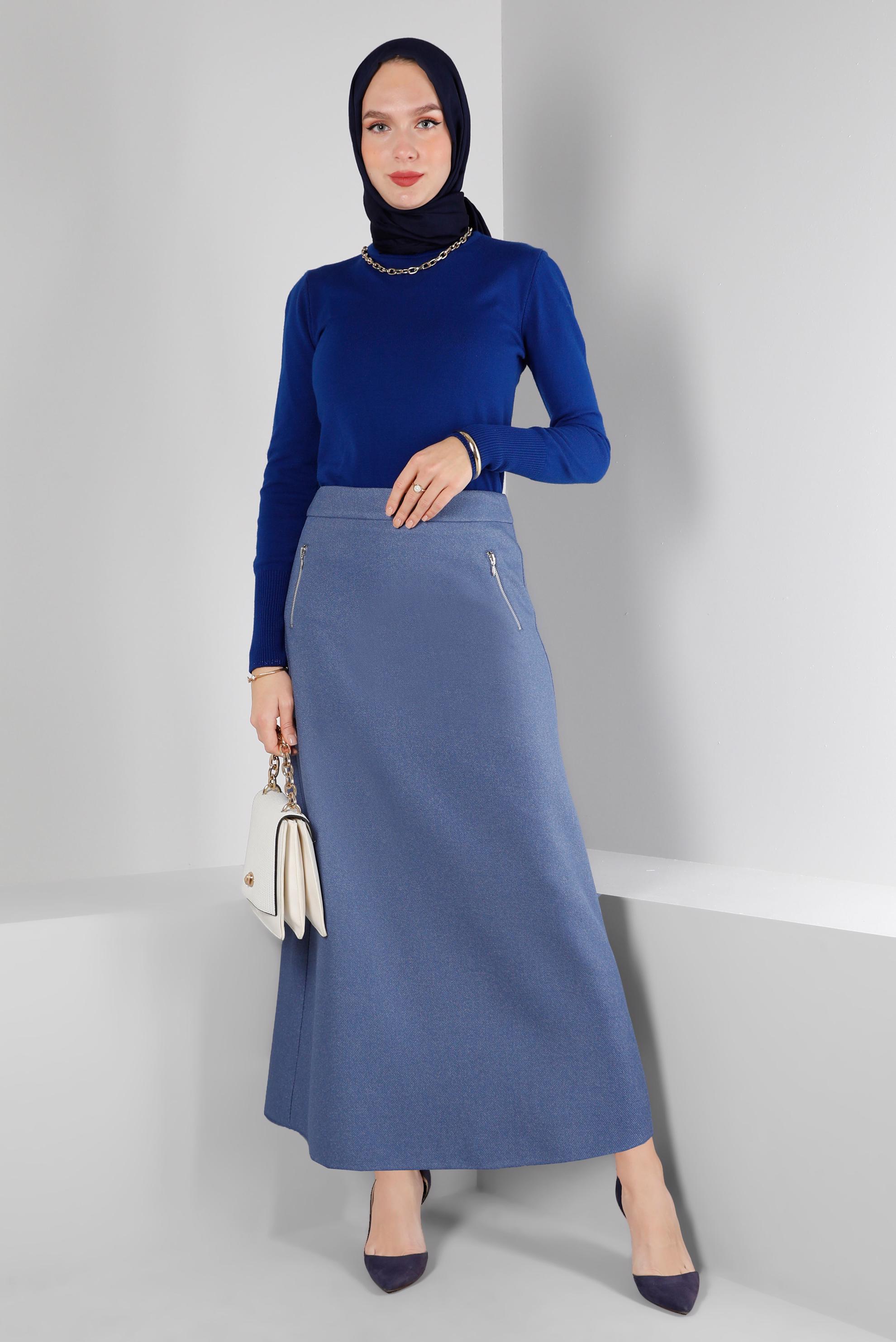 Tesettür giyim LACİVERT CEPLERİ FERMUARLI ETEK 60362