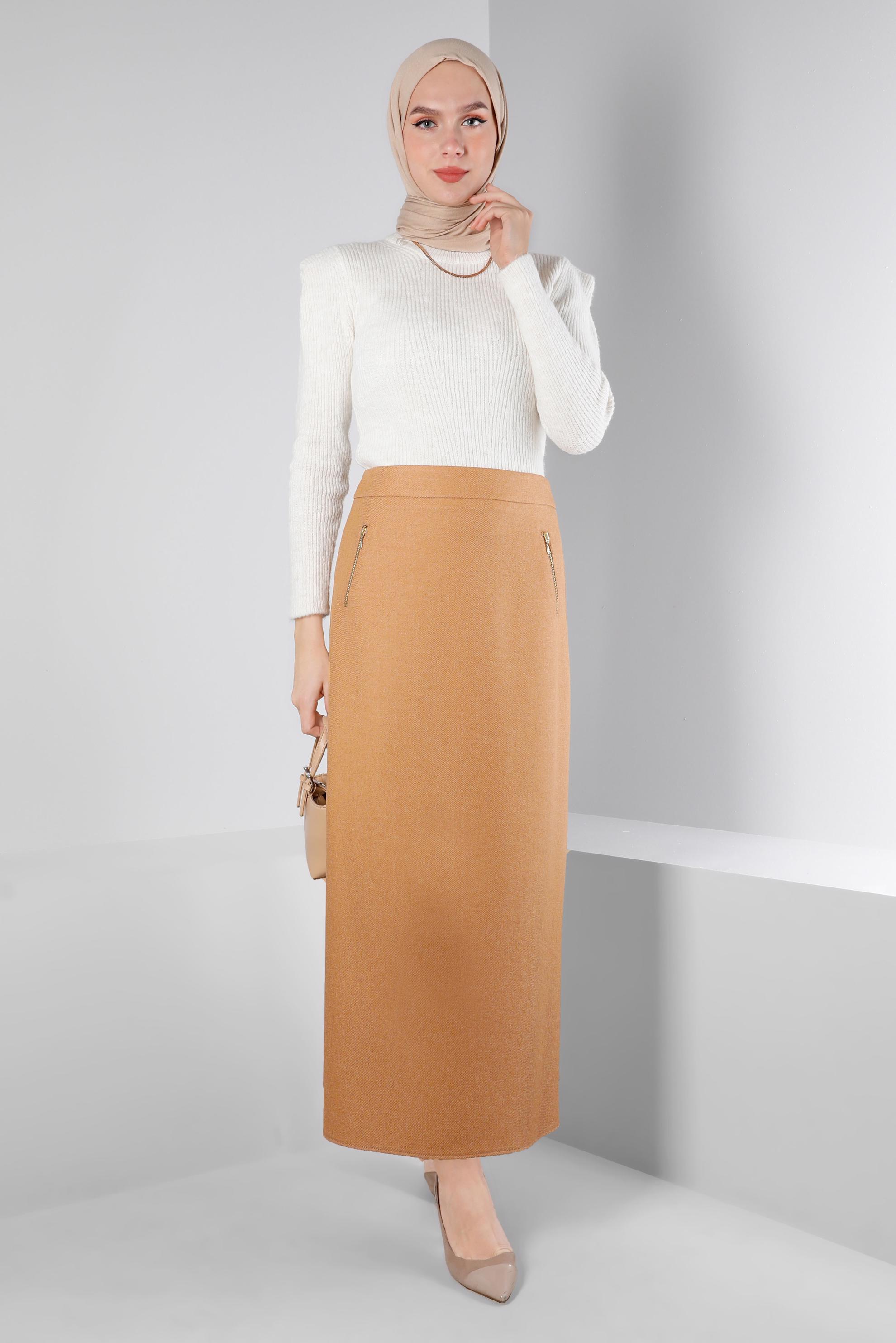 Tesettür giyim TURUNCU CEPLERİ FERMUARLI ETEK 60362