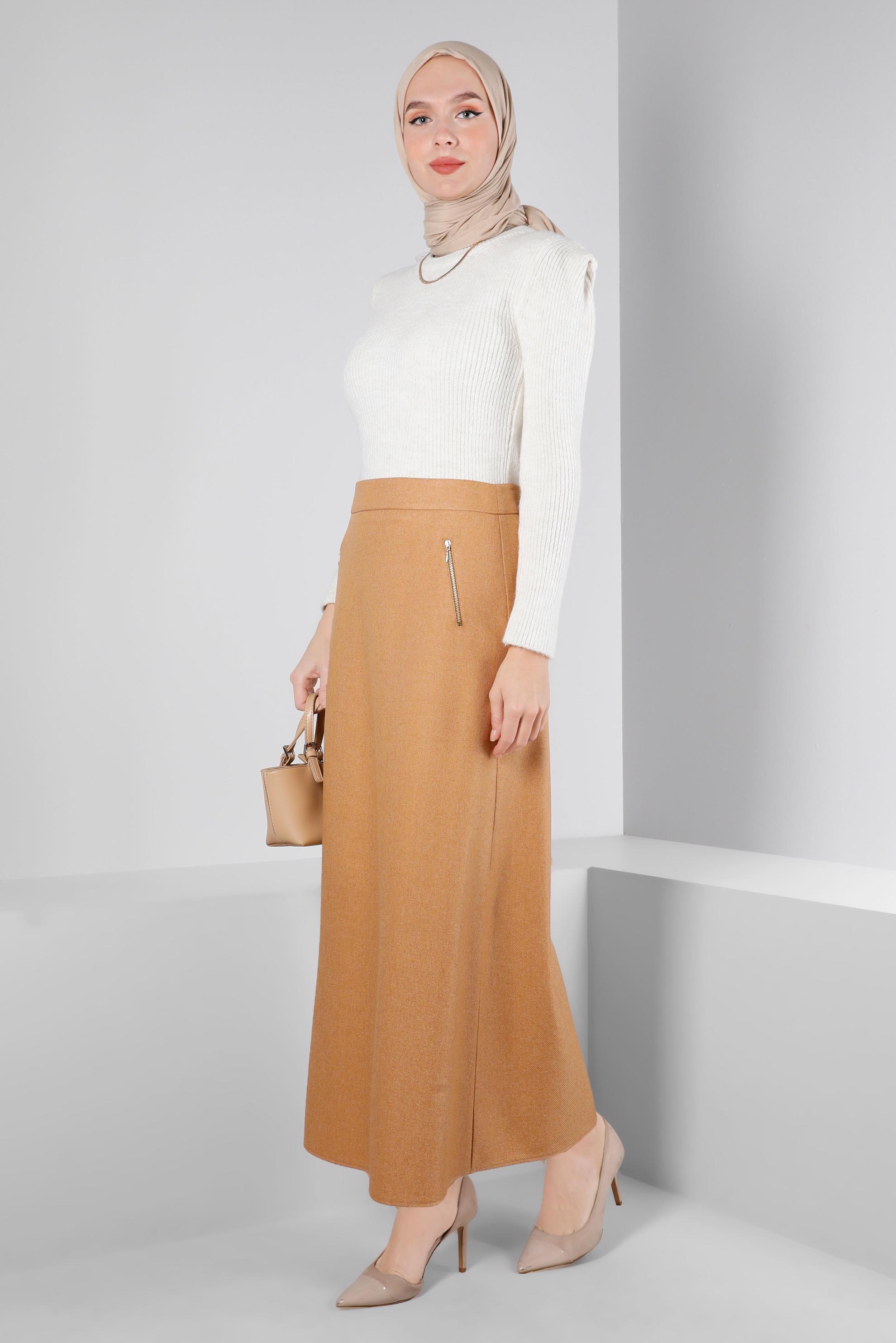 Tesettür giyim TURUNCU CEPLERİ FERMUARLI ETEK 60362