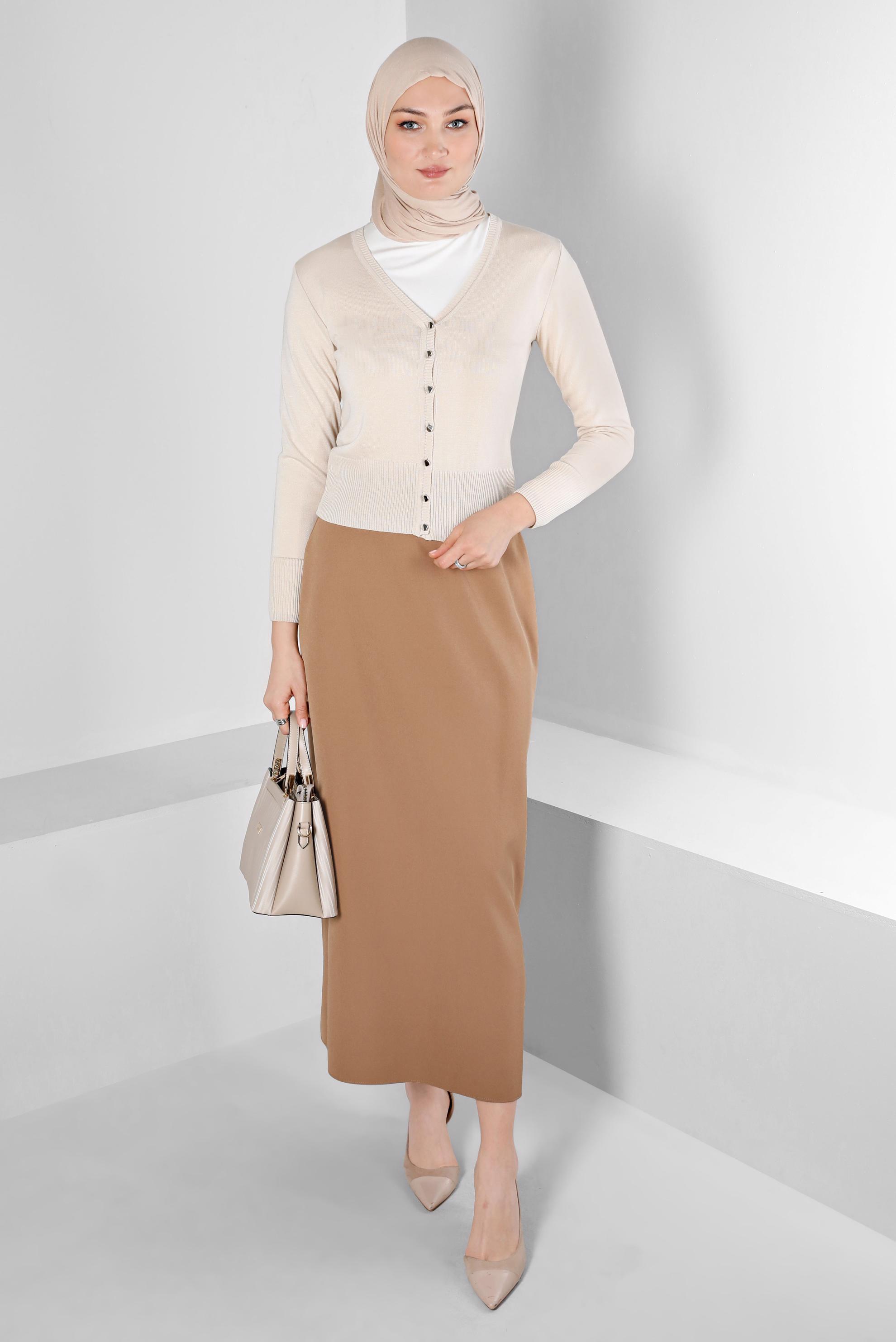 Tesettür giyim BEJ GİZLİ YIRTMAÇLI FERMUARLI ETEK 60364